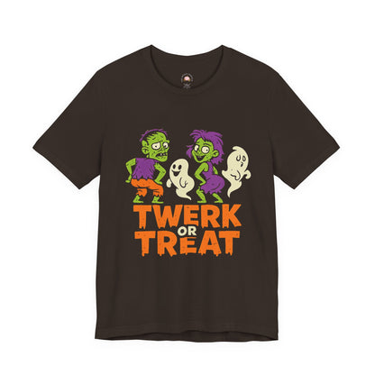Halloween Fun Unisex Jersey Tee, T-Shirt for Halloween Parties, Funny Costume Tee, Trendy Unisex Tee, Twerk or Treat Design