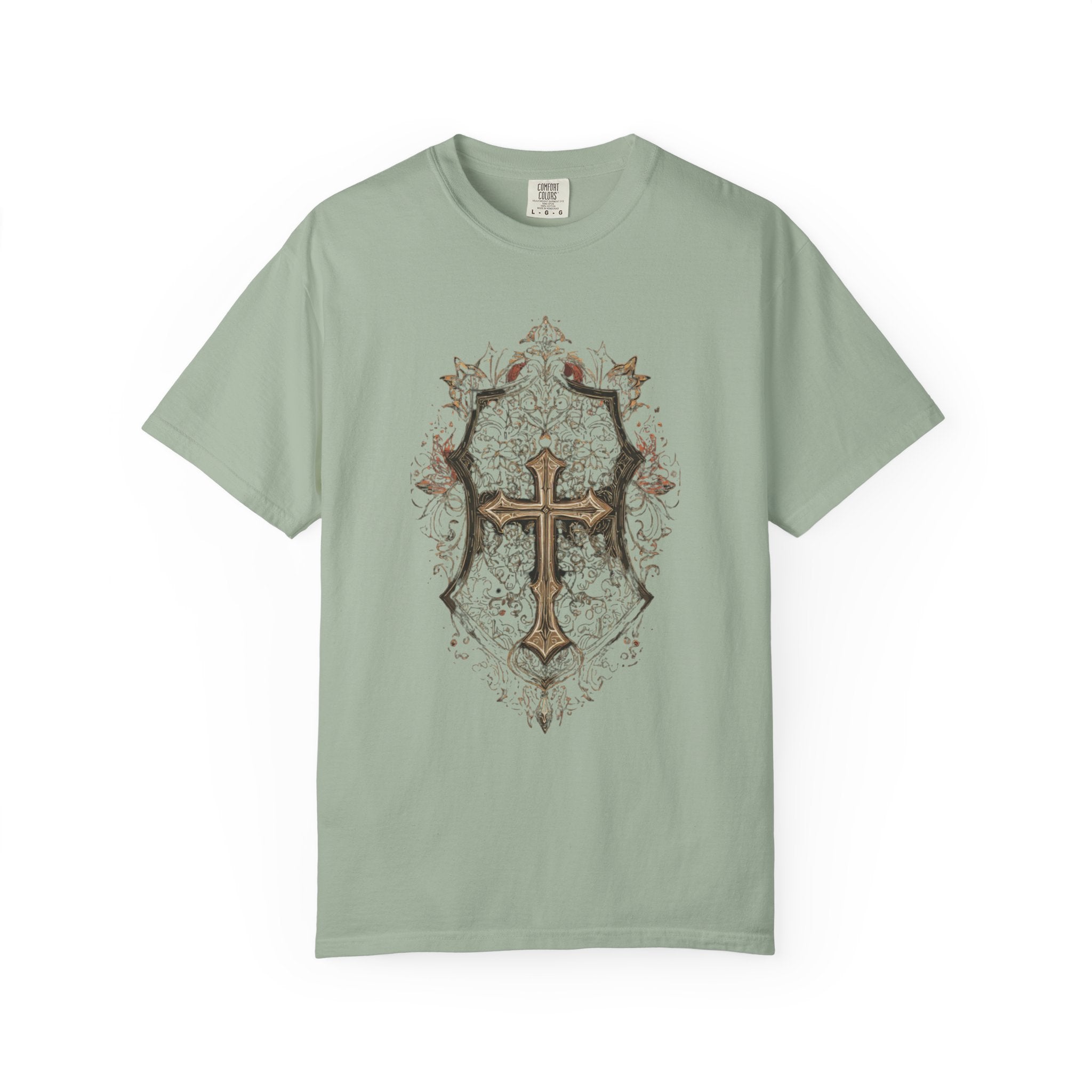 Vintage Shield Cross T-Shirt — Gothic Christian Crest Tee