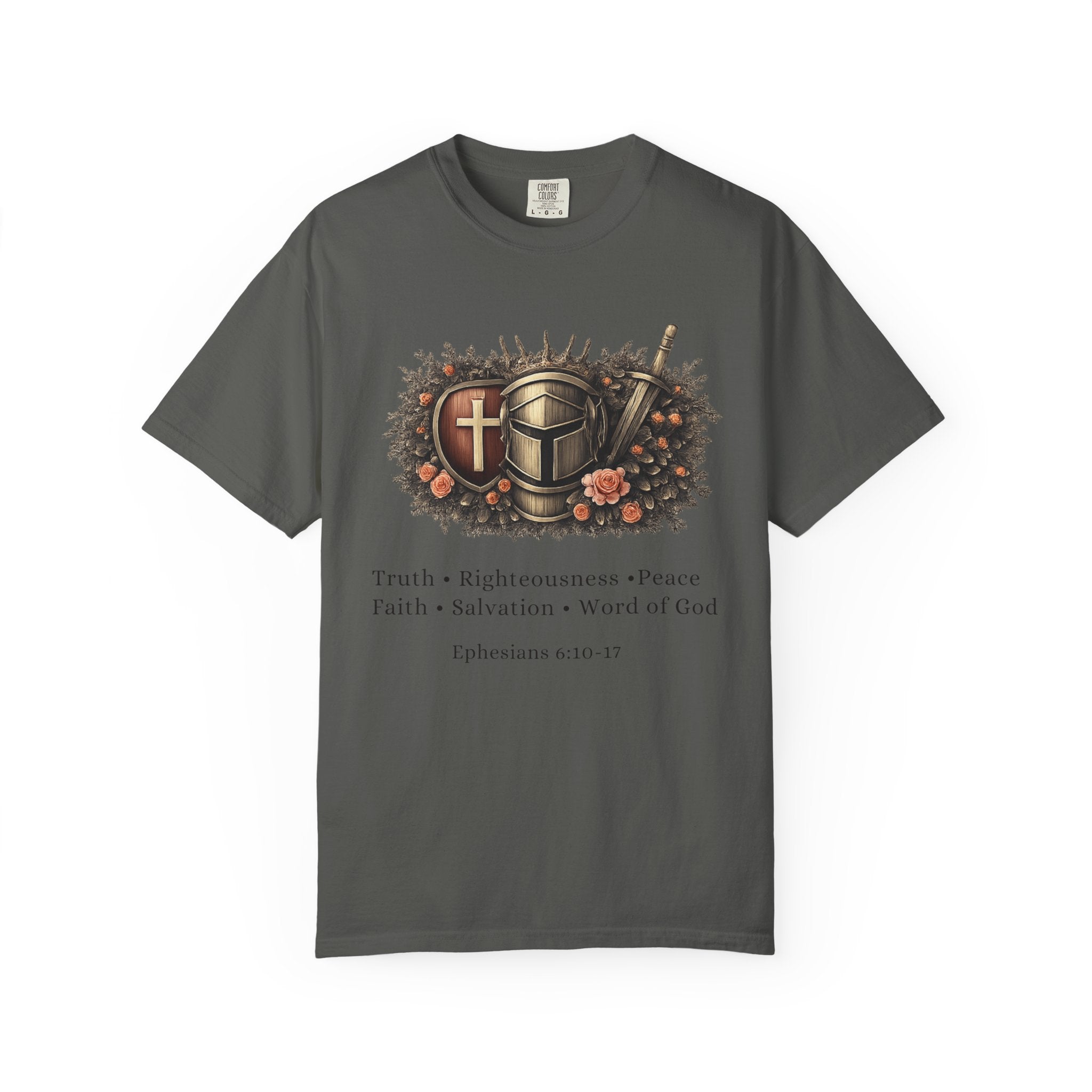 Gray t-shirt with armor graphic and text on a white background