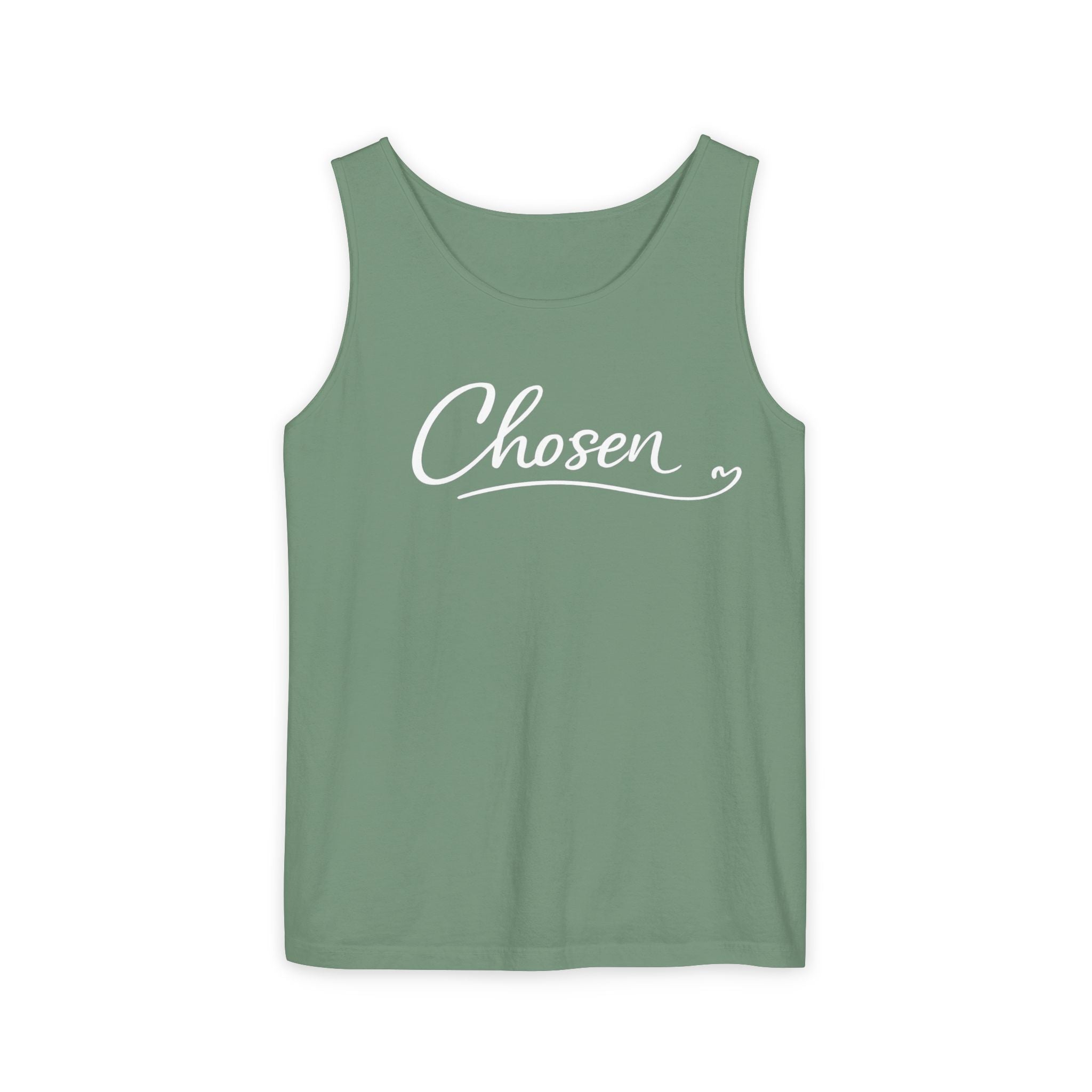Chosen Script Tank Top — Minimalist White Garment-Dyed Casual Tank