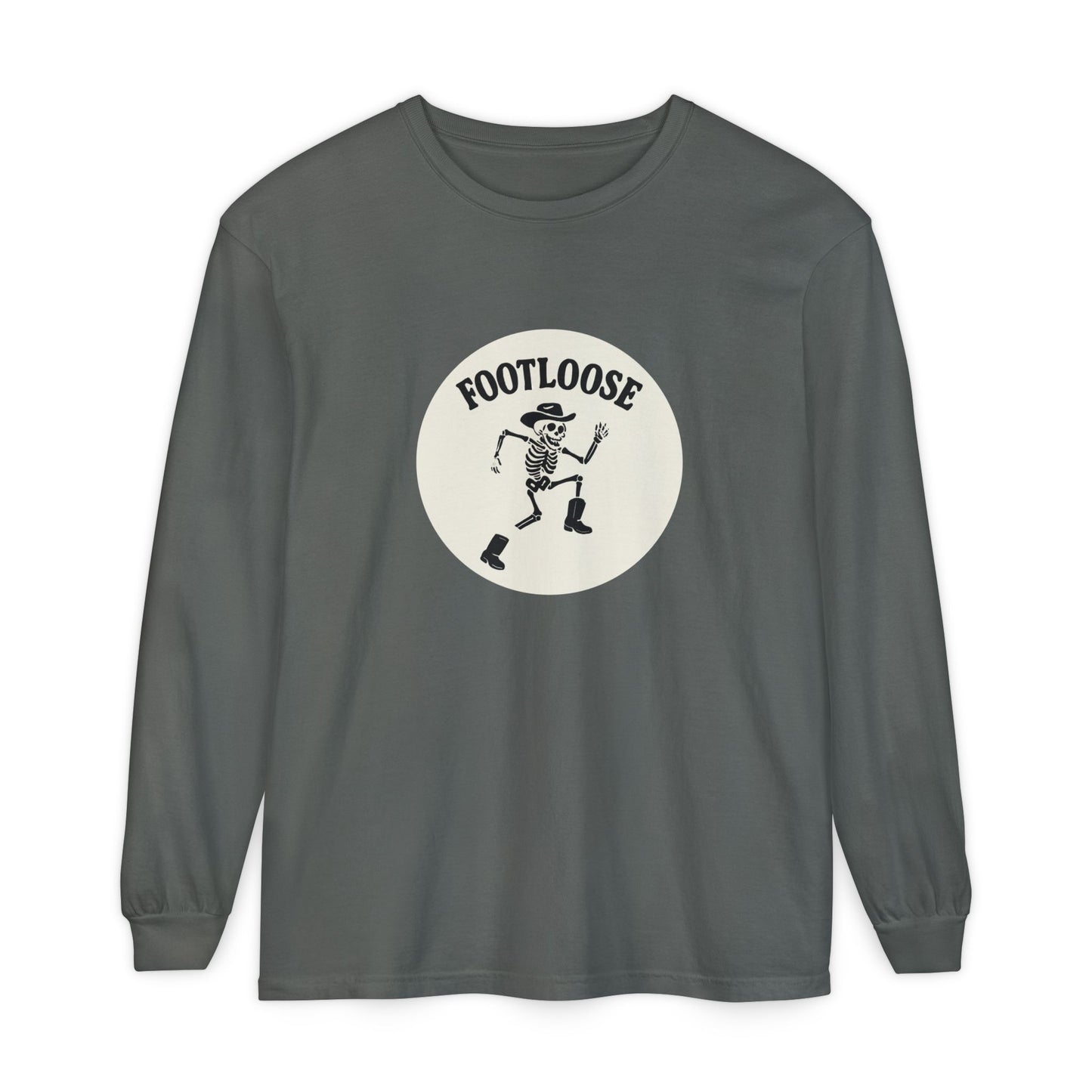 Footloose Skeleton Long Sleeve T-Shirt, Vintage Style Tee for Halloween, Unisex Casual Wear, Graphic Tee for Parties, Fun Gift Idea