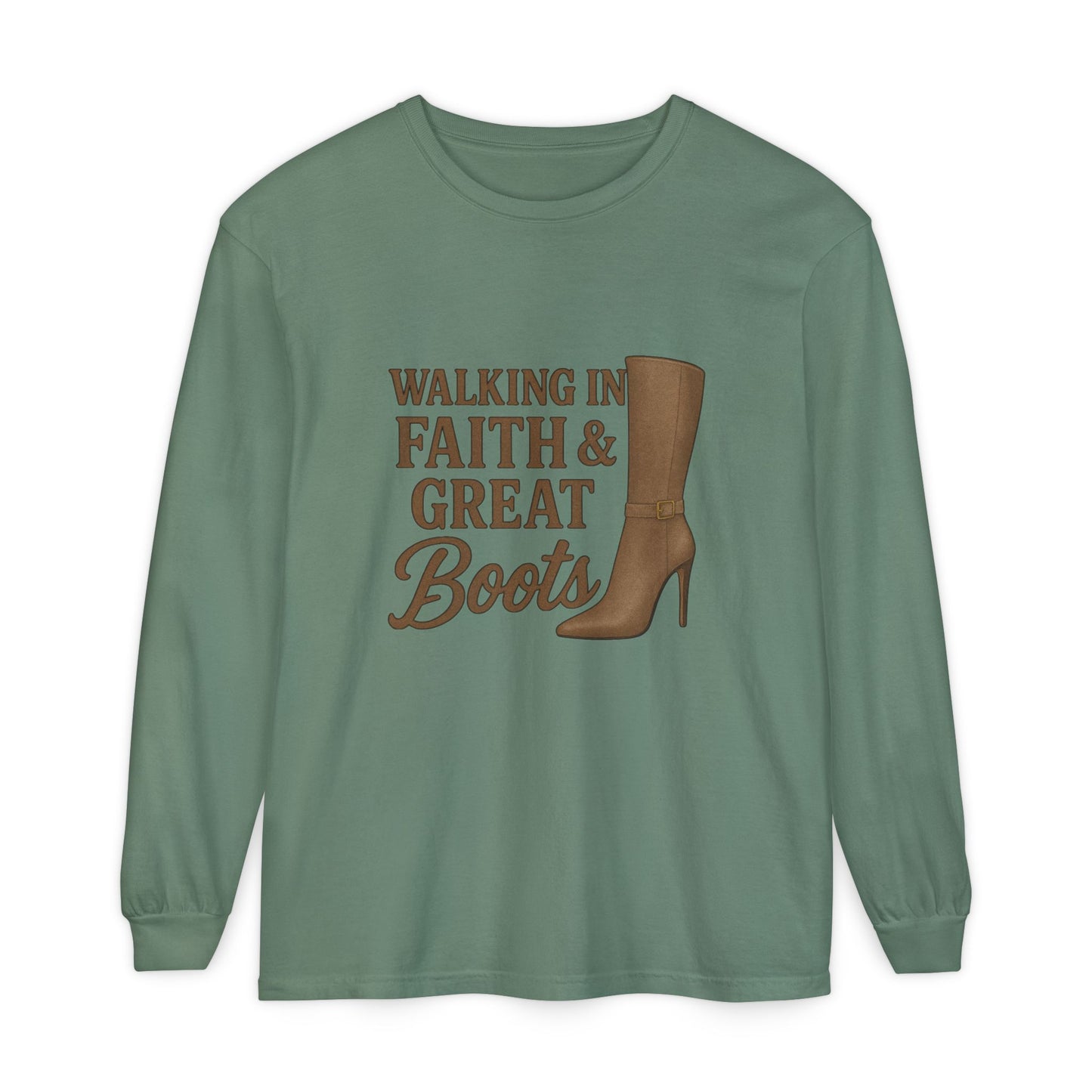 Long Sleeve Christian T-Shirt Walking in Faith & Great Boots - The Bougie Pumpkin Boutique