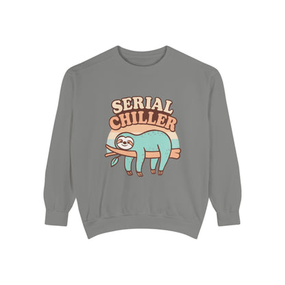 Gray sweatshirt with a sloth graphic and 'Serial Chiller' text on a white background
