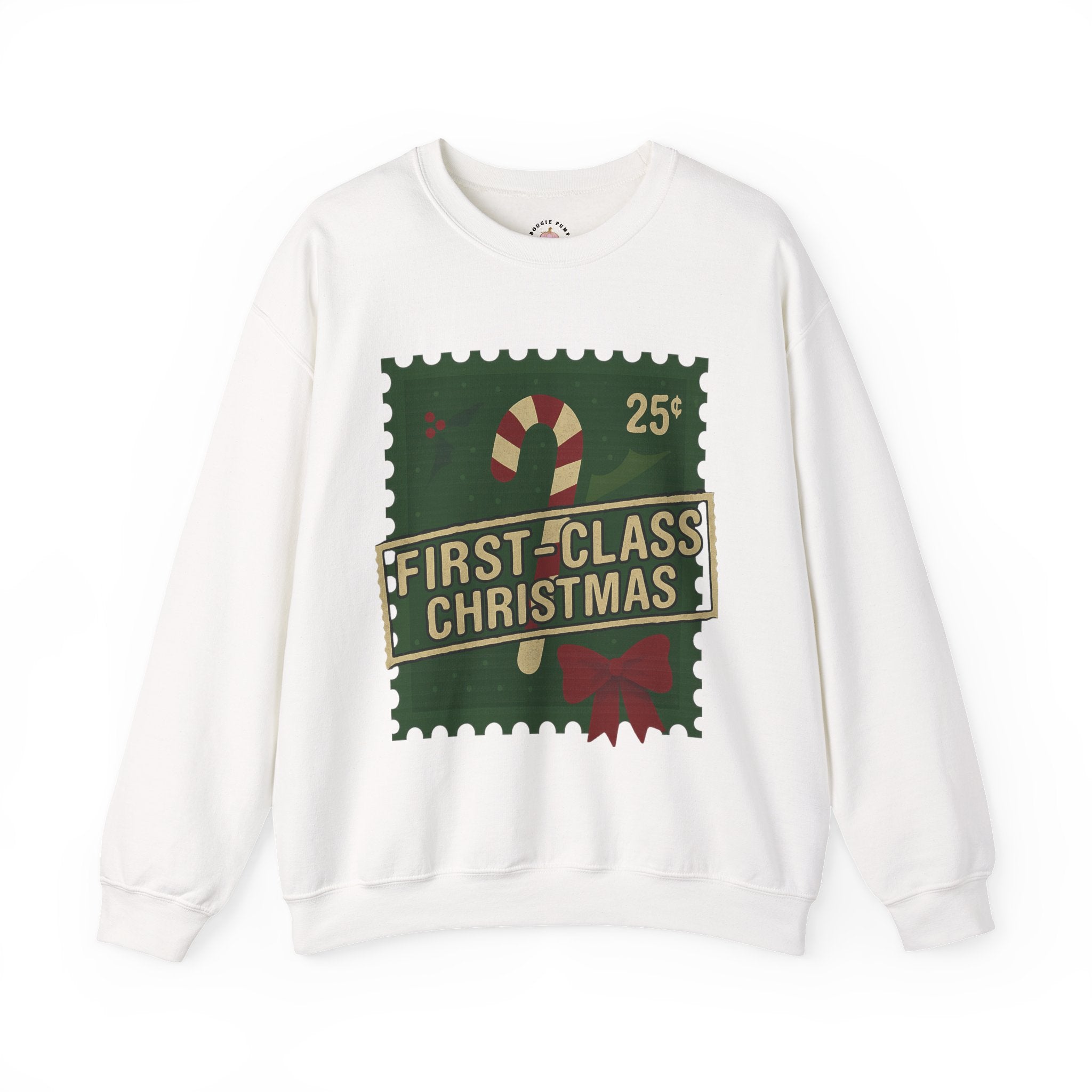 Christmas Crewneck Sweatshirt — "First-Class Christmas" Candy Cane Stamp Design