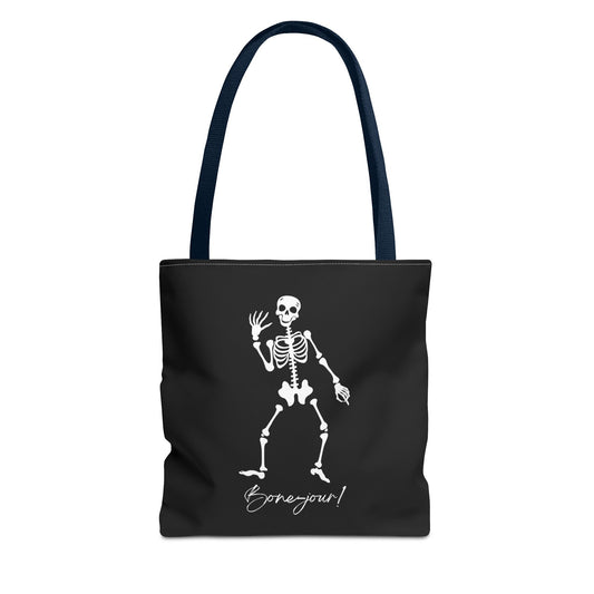 Skeleton Greeting Tote Bag, Halloween Tote, Black AOP Bag, Fun Shopping Bag, Funny Gift for Skeleton Lovers