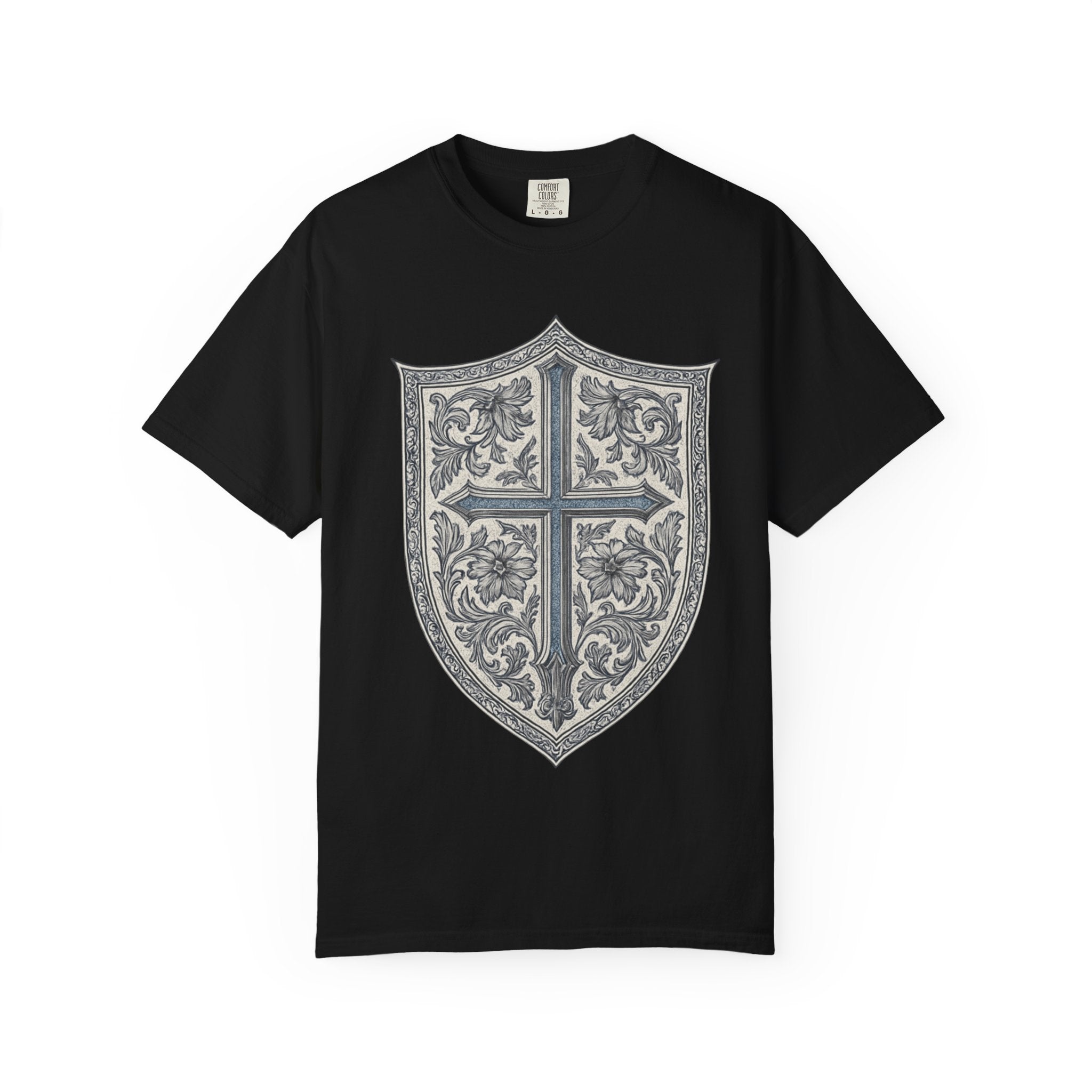 Shield Cross T-Shirt — Vintage Floral Heraldic Crest Christian Tee