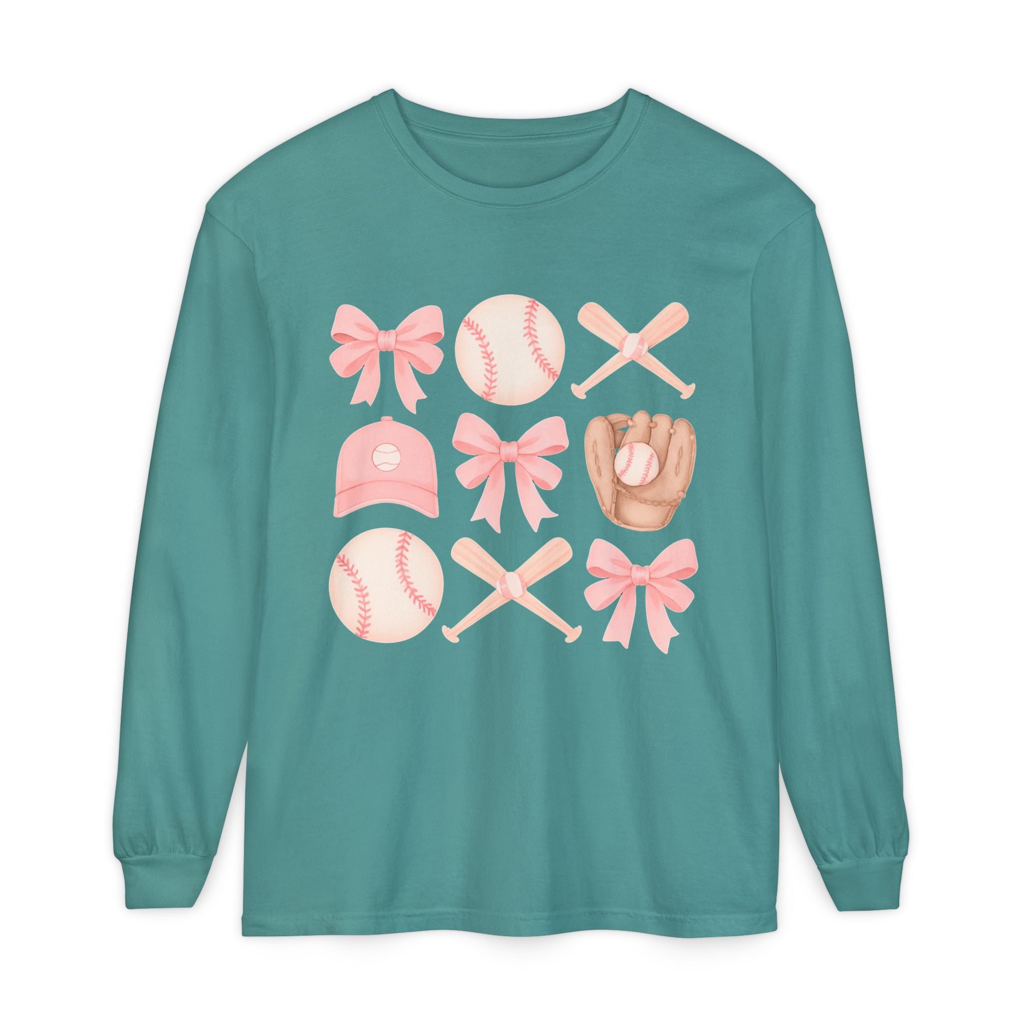 Pink Baseball Icons Long Sleeve Tee — Cute Softball Mom Fan Shirt