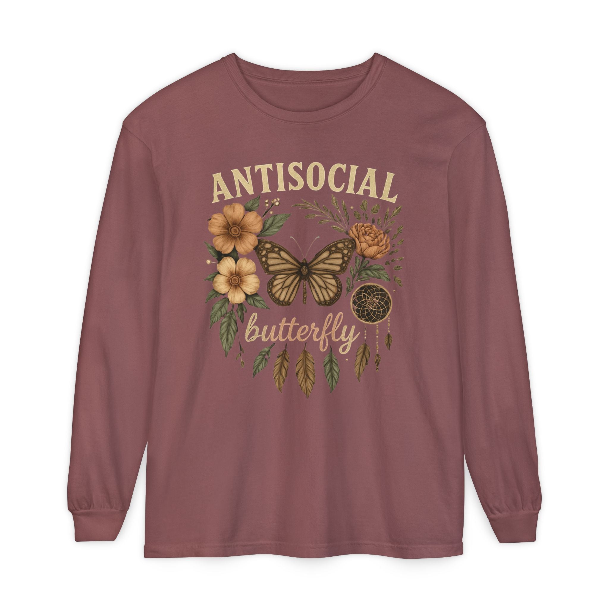 Antisocial Butterfly Long Sleeve Tee — Floral Vintage Butterfly Graphic Shirt