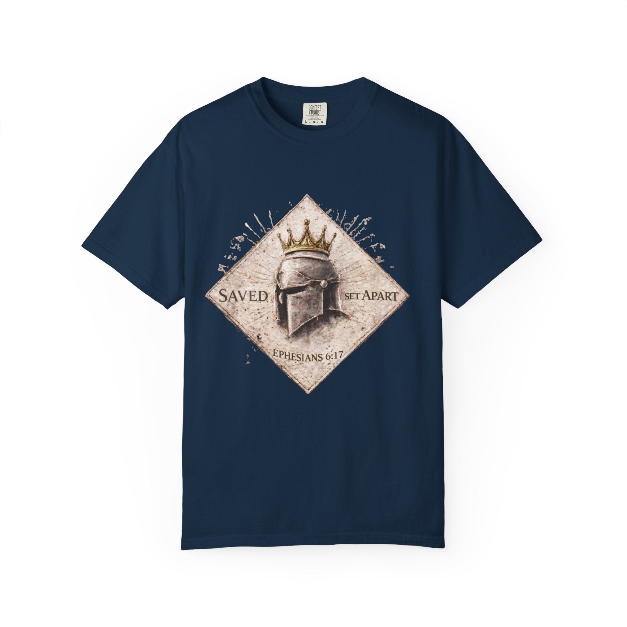 Christian Helmet T-Shirt — "Saved Not Apart" Ephesians 2:8 Faith Tee