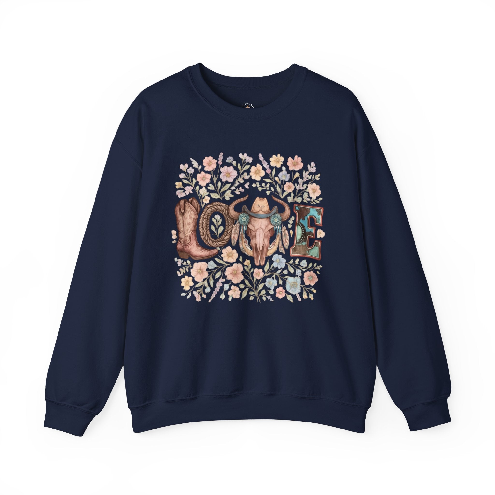 Love Western Crewneck Sweatshirt — Floral Cow Skull & Boot Graphic