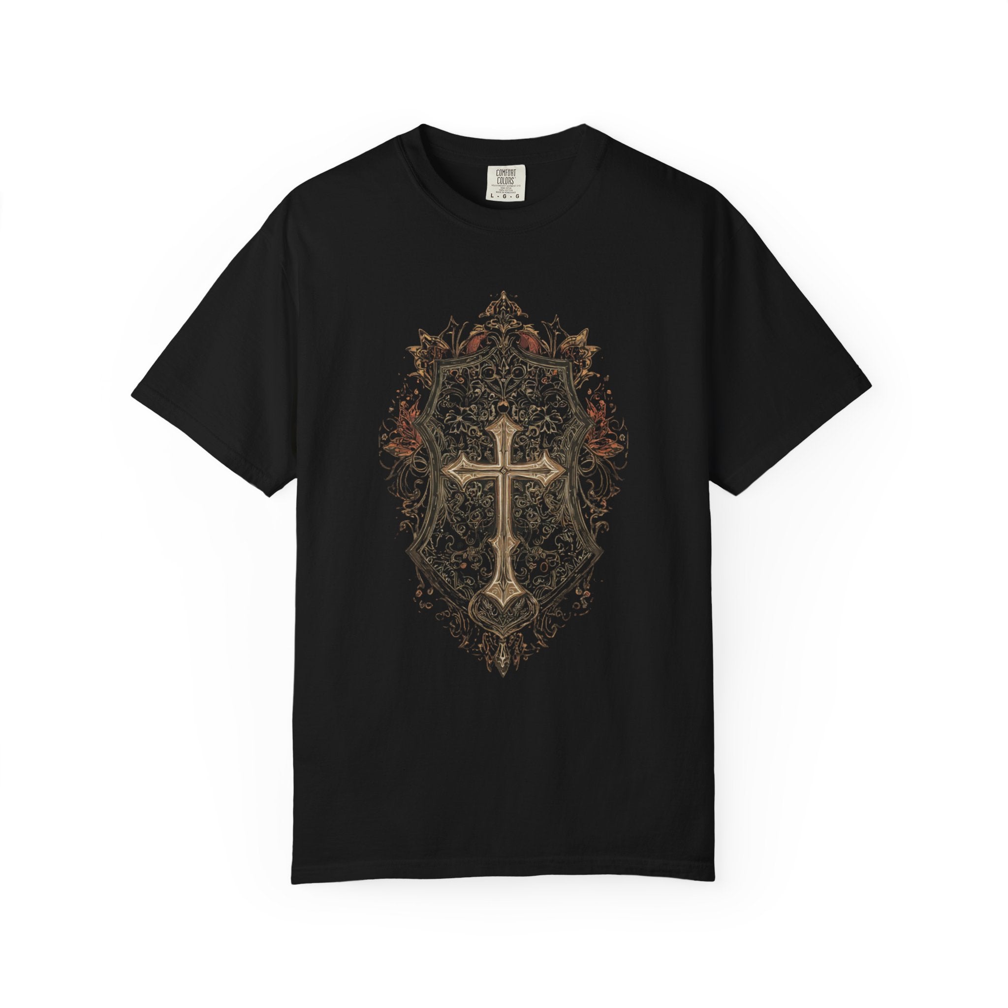 Vintage Shield Cross T-Shirt — Gothic Christian Crest Tee