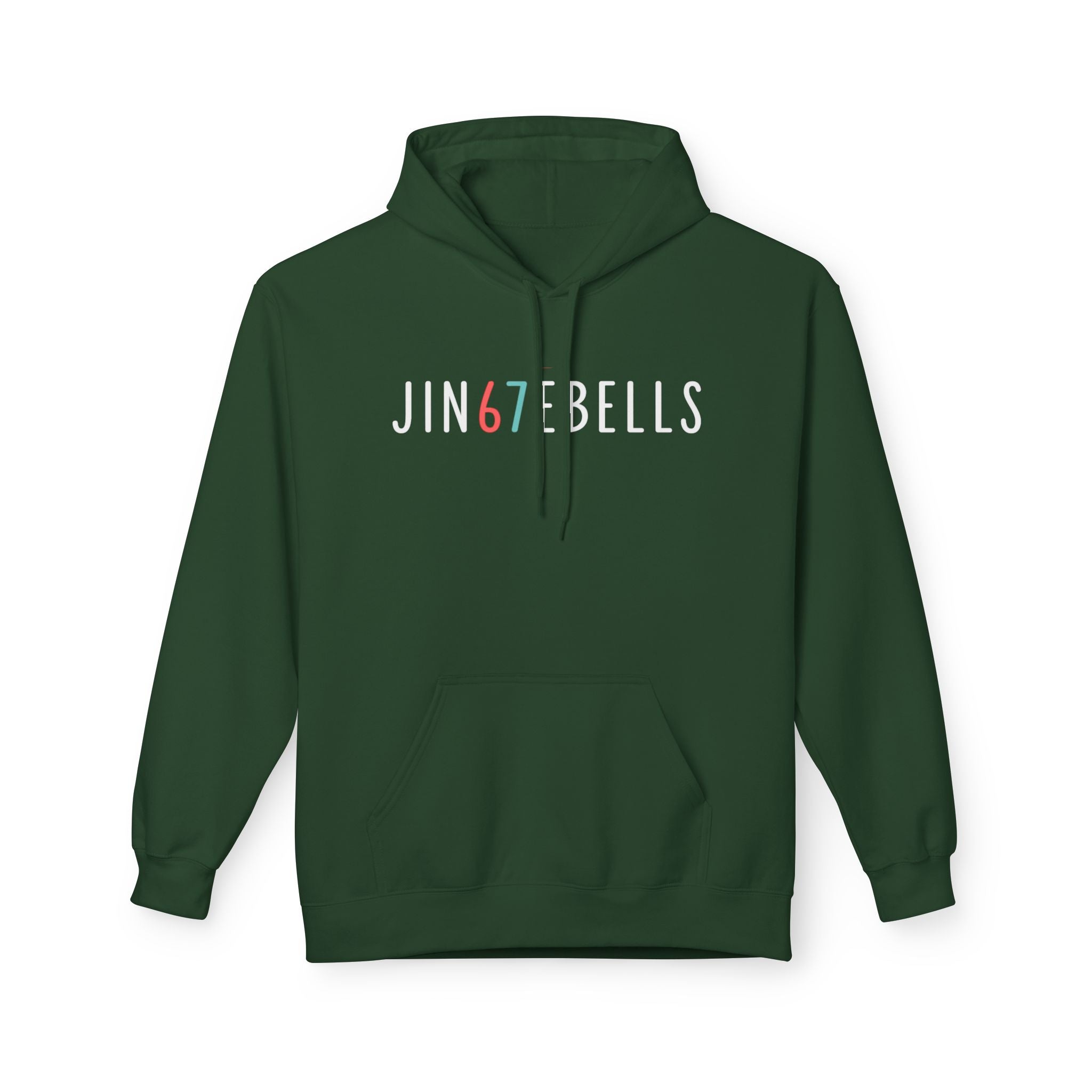 Green hoodie with 'JIN67EBELLS' text on a white background