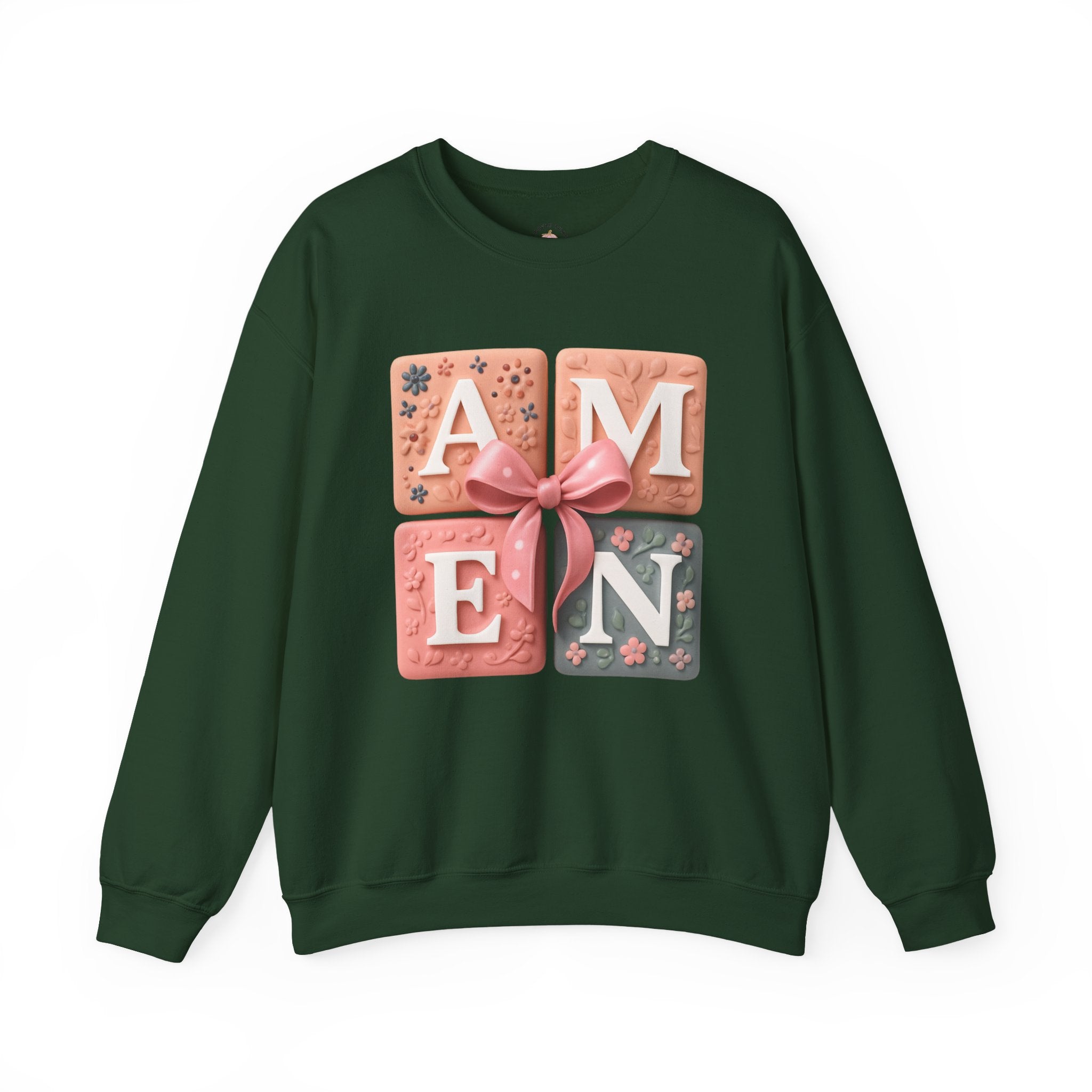 Amen Square Block Sweatshirt — Floral Ribbon Typography Crewneck
