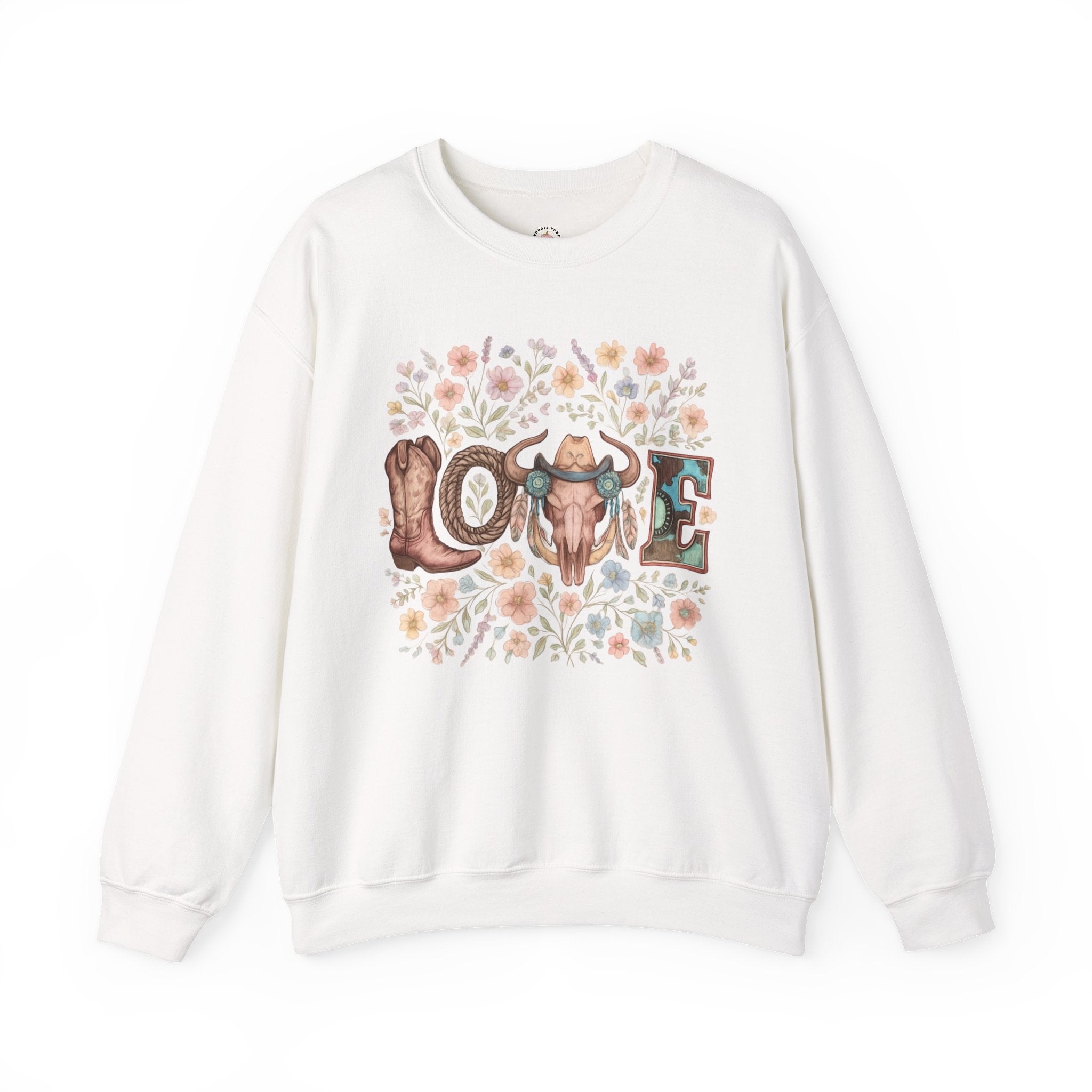 Love Western Crewneck Sweatshirt — Floral Cow Skull & Boot Graphic