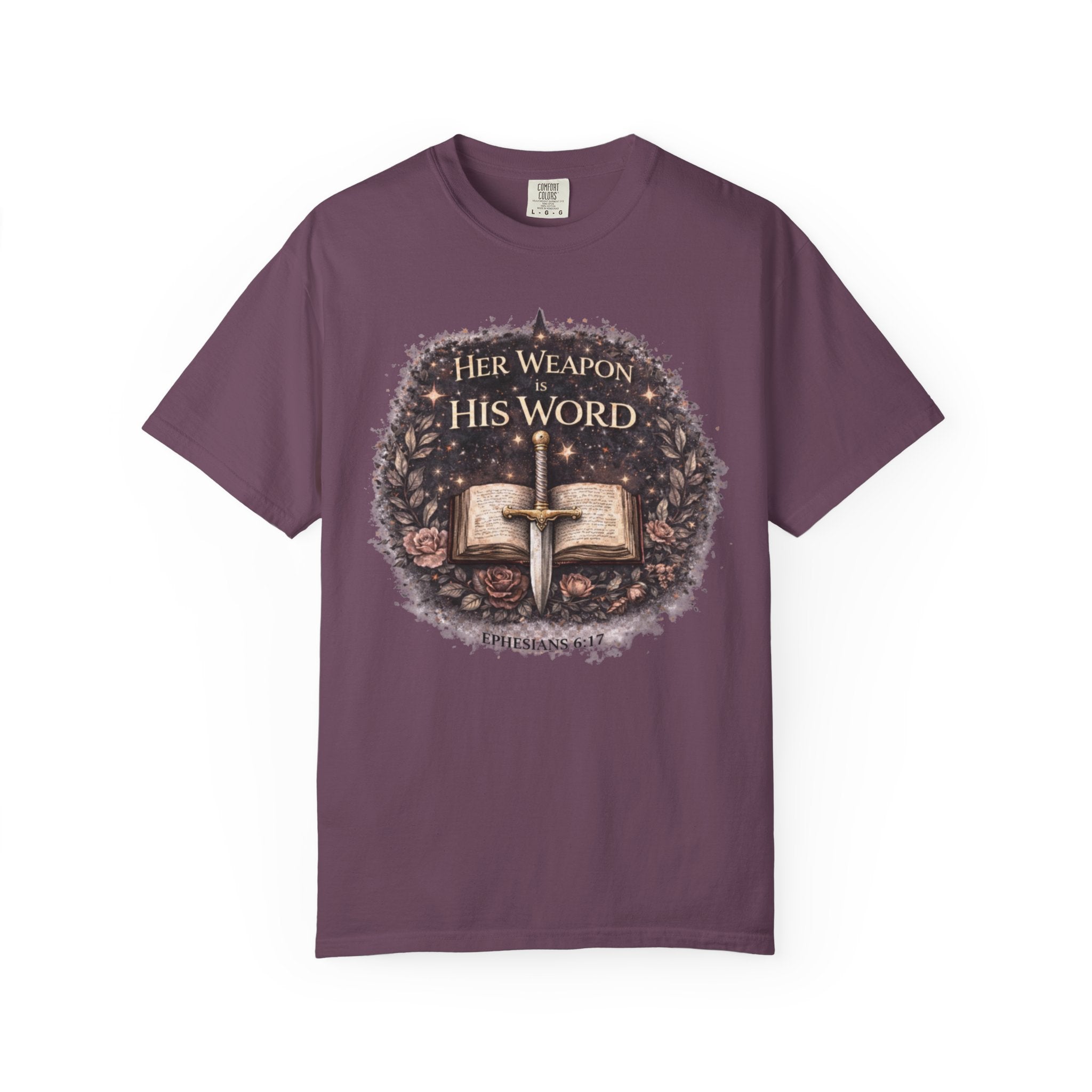 Christian Sword & Bible T-Shirt — "Her Weapon His Word" Inspirational Faith Tee