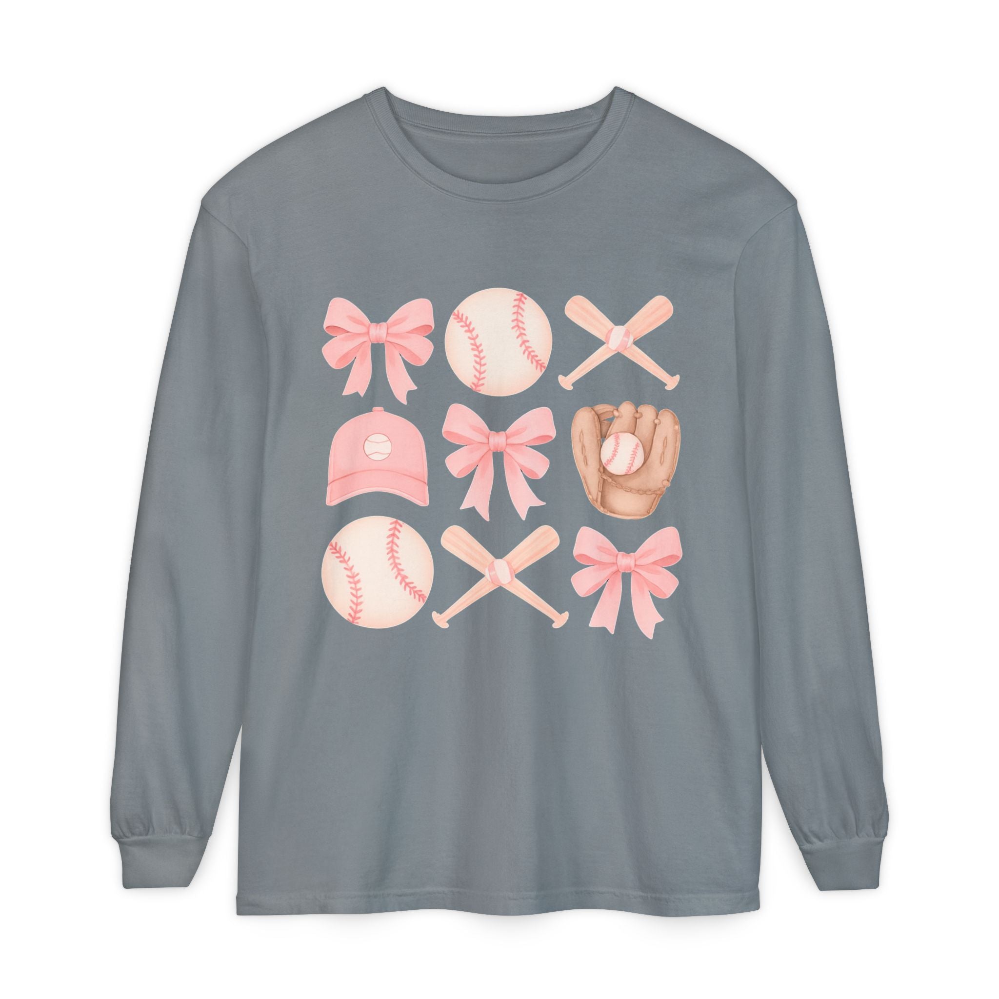 Pink Baseball Icons Long Sleeve Tee — Cute Softball Mom Fan Shirt