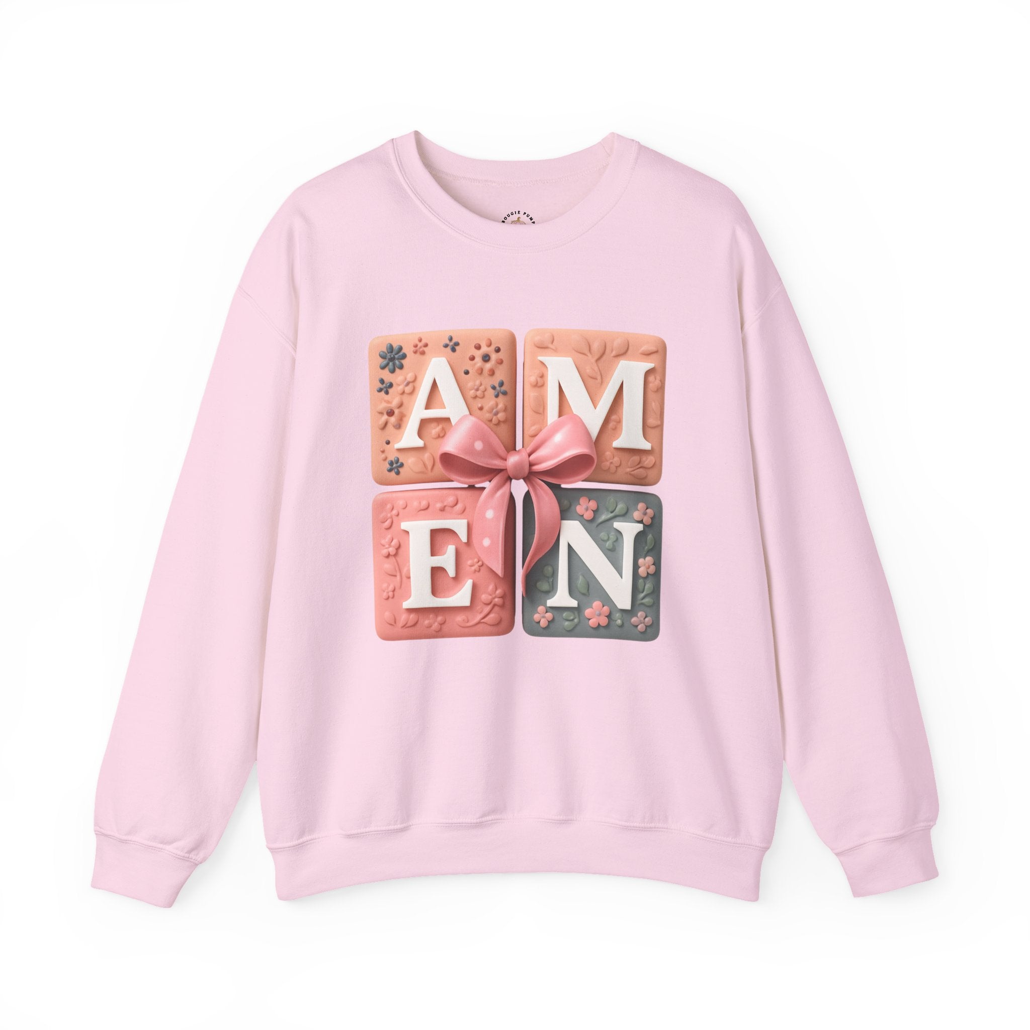 Amen Square Block Sweatshirt — Floral Ribbon Typography Crewneck