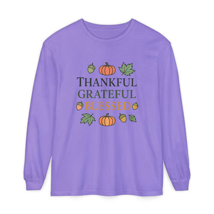 Thankful Grateful Blessed Long Sleeve T-Shirt | Autumn Fashion, Harvest Wear, Thanksgiving Gift, Fall Style, Cozy Apparel - The Bougie Pumpkin Boutique