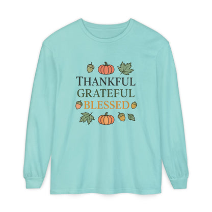 Thankful Grateful Blessed Long Sleeve T-Shirt | Autumn Fashion, Harvest Wear, Thanksgiving Gift, Fall Style, Cozy Apparel - The Bougie Pumpkin Boutique