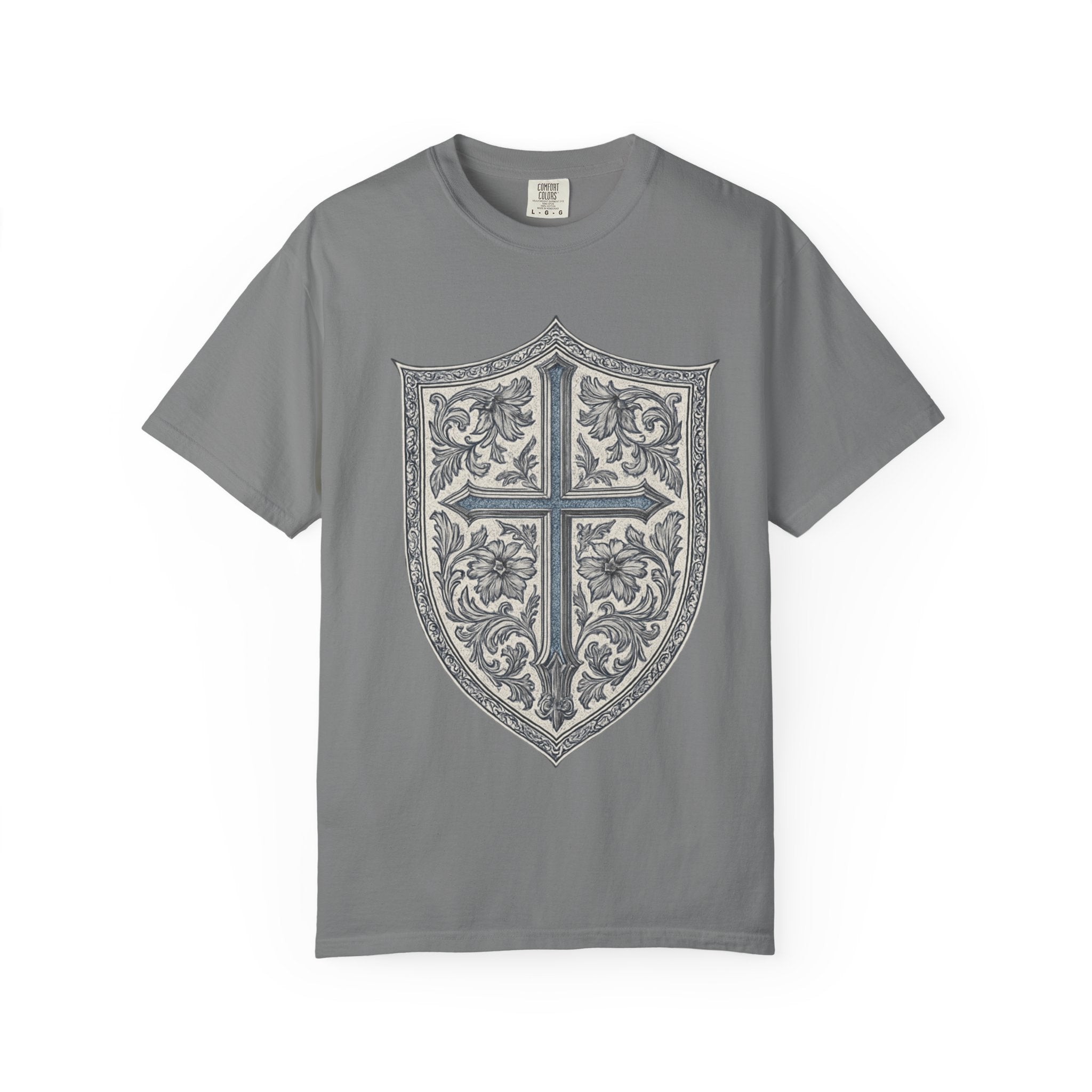 Shield Cross T-Shirt — Vintage Floral Heraldic Crest Christian Tee