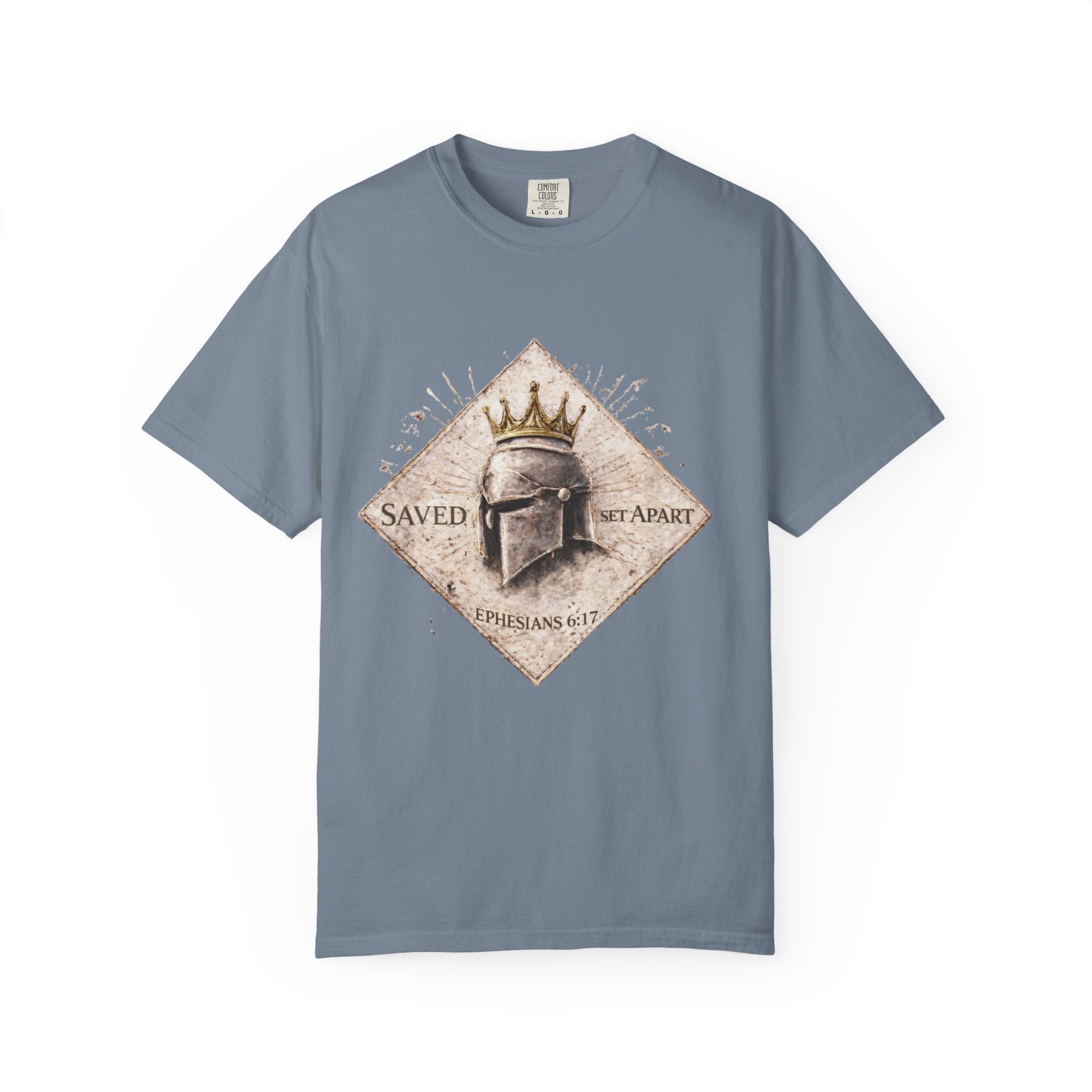 Christian Helmet T-Shirt — "Saved Not Apart" Ephesians 2:8 Faith Tee