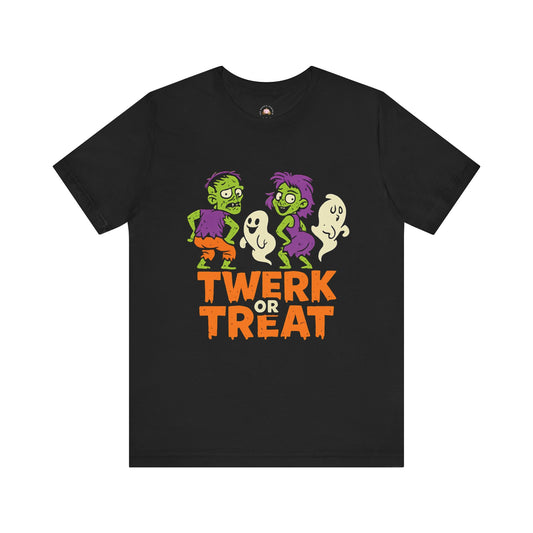 Halloween Fun Unisex Jersey Tee, T-Shirt for Halloween Parties, Funny Costume Tee, Trendy Unisex Tee, Twerk or Treat Design
