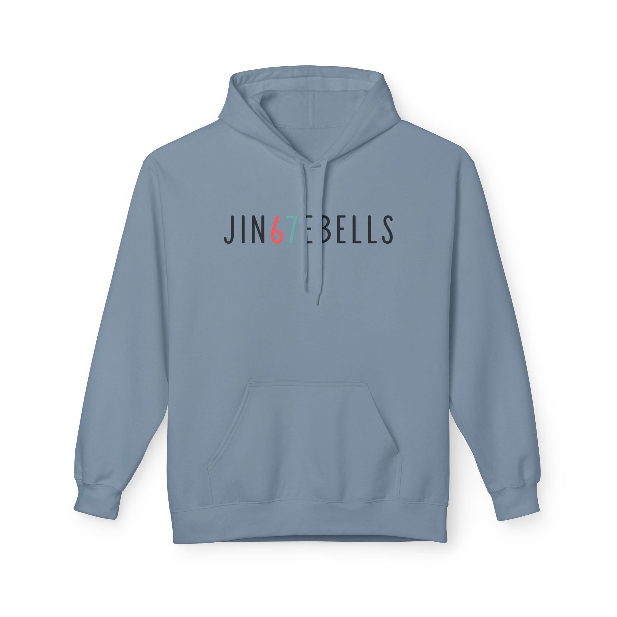 Blue hoodie with 'JING REBELLS' text on a white background