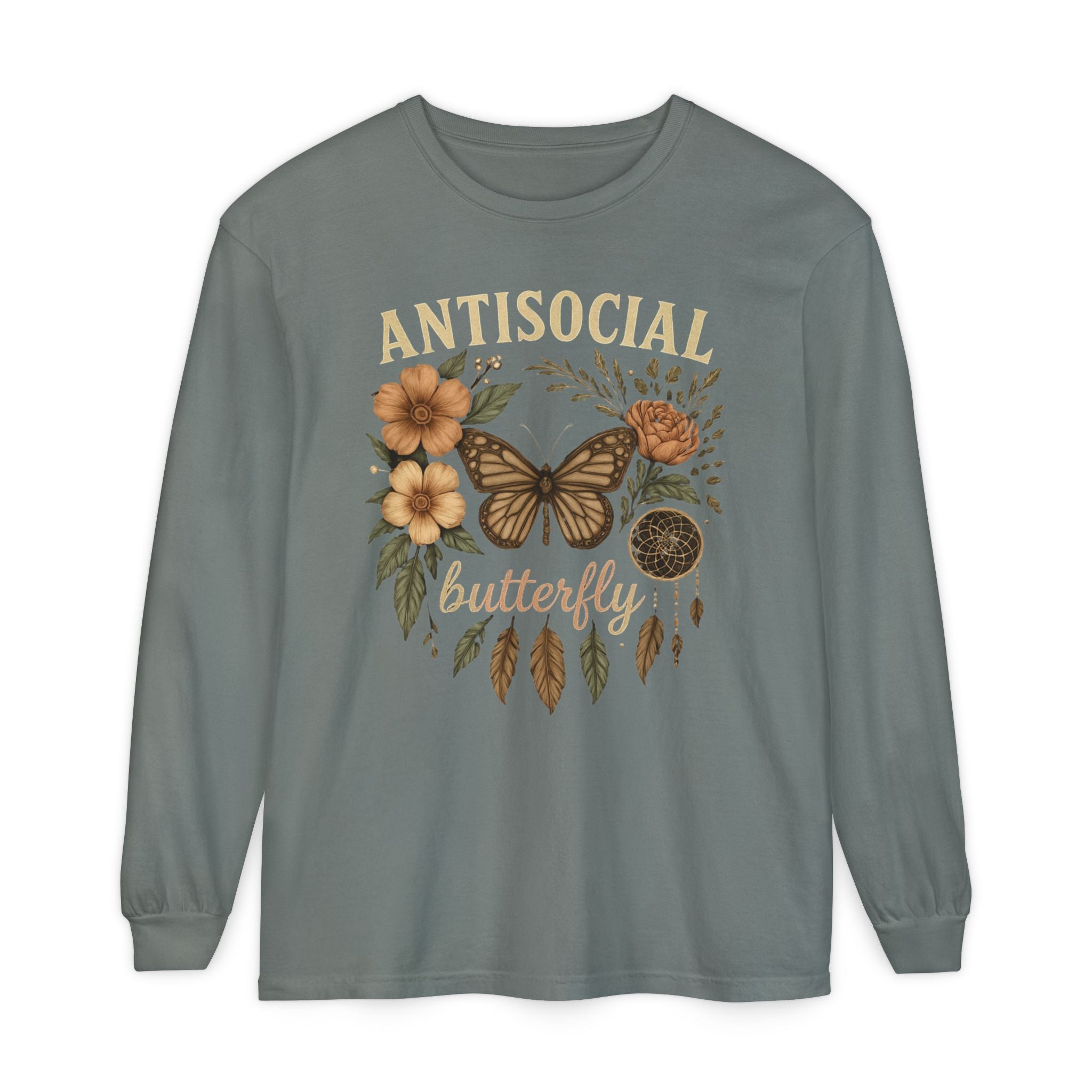 Antisocial Butterfly Long Sleeve Tee — Floral Vintage Butterfly Graphic Shirt