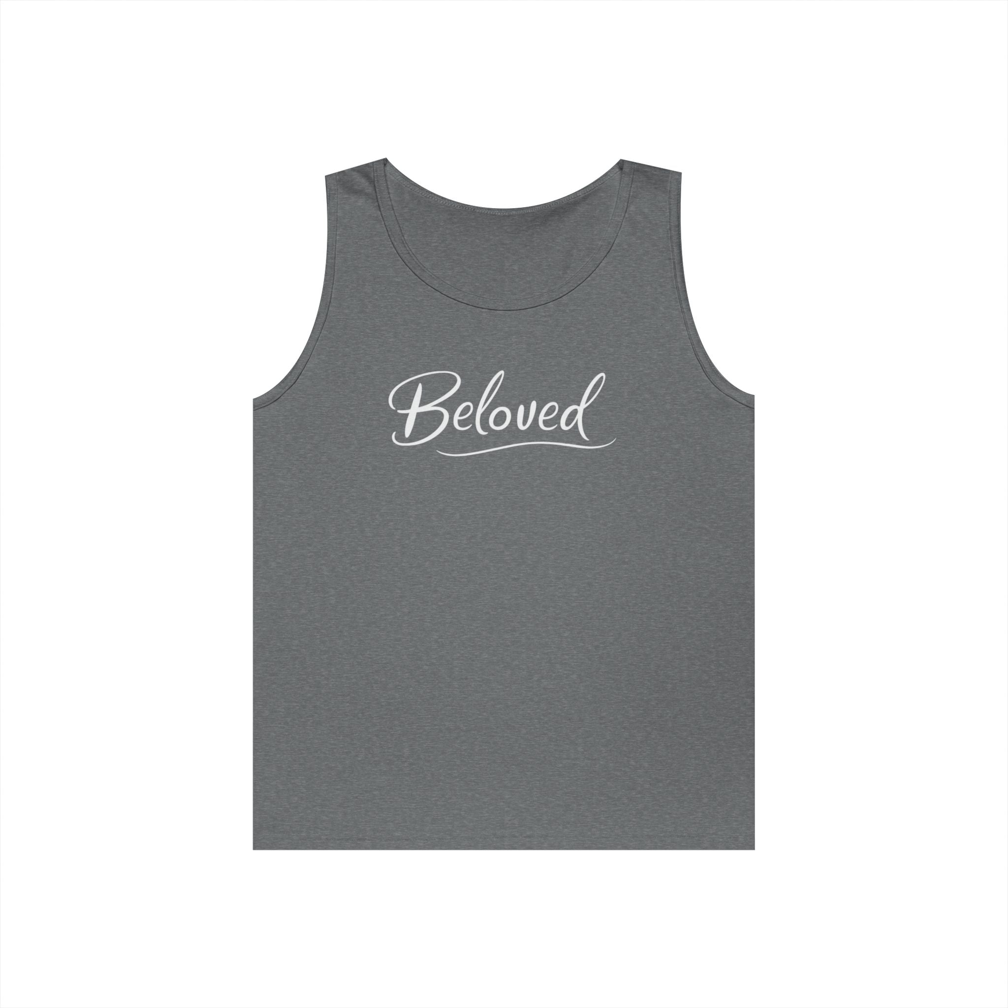 Beloved Script Tank Top — Minimal White Graphic Tank