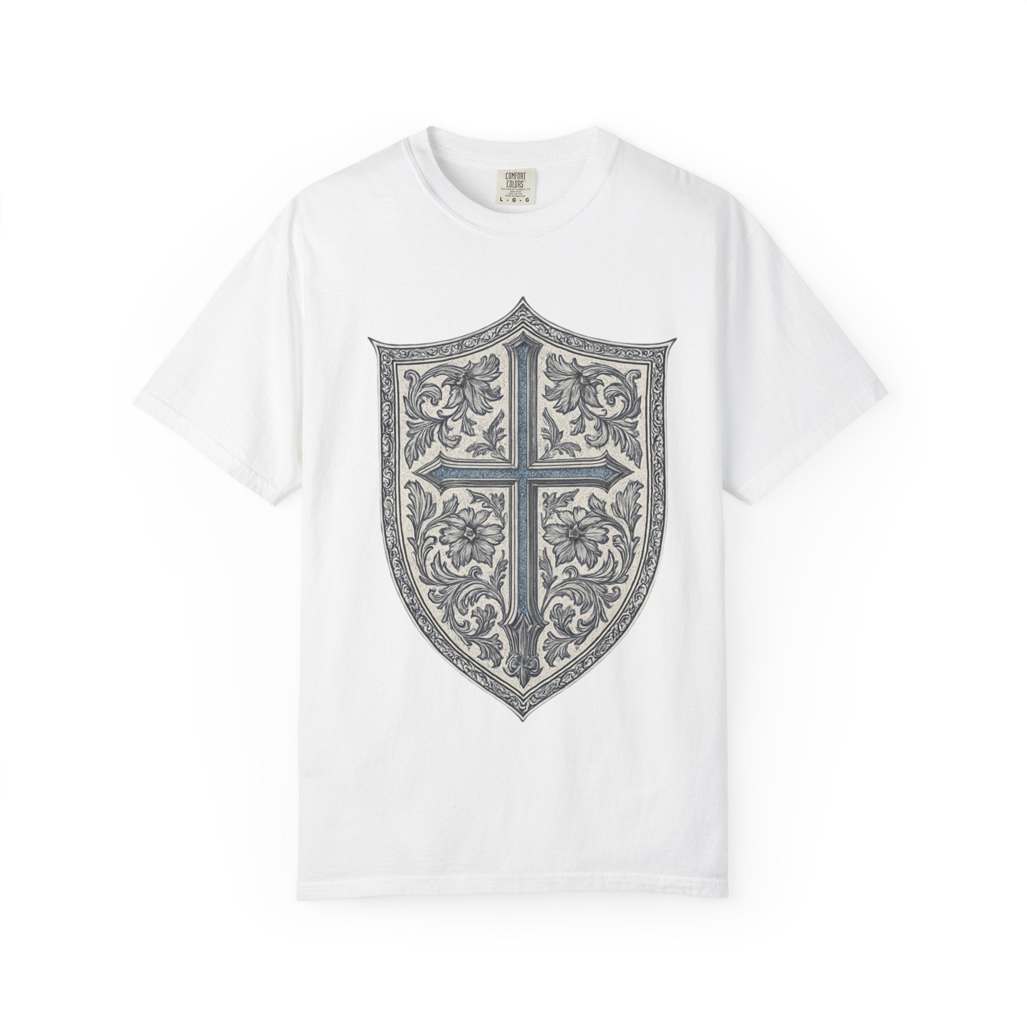 Shield Cross T-Shirt — Vintage Floral Heraldic Crest Christian Tee