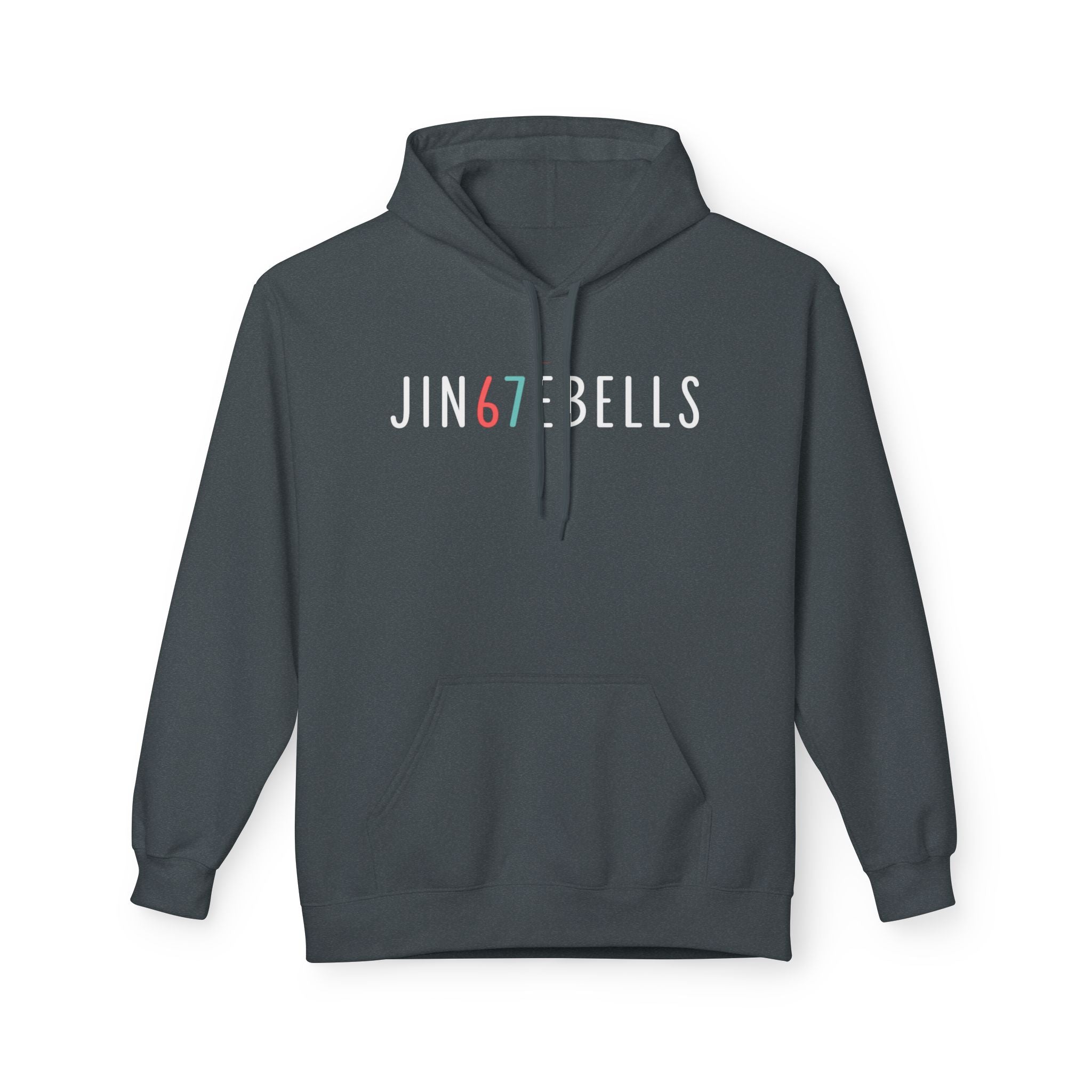 Dark gray hoodie with 'JIN67BELLS' text on a white background