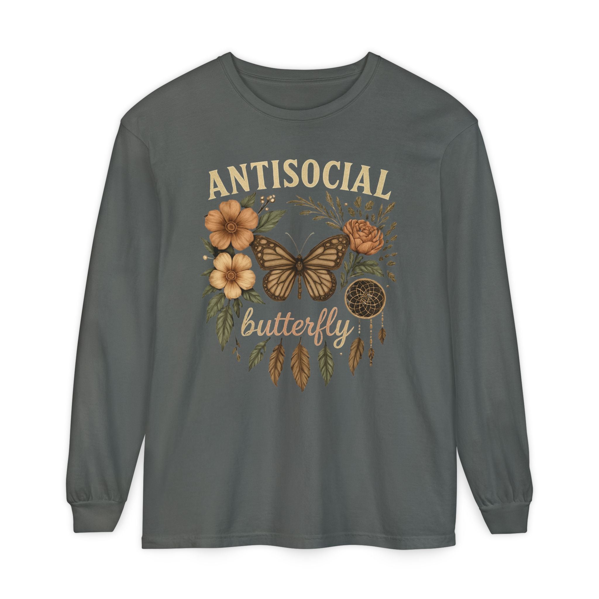 Antisocial Butterfly Long Sleeve Tee — Floral Vintage Butterfly Graphic Shirt