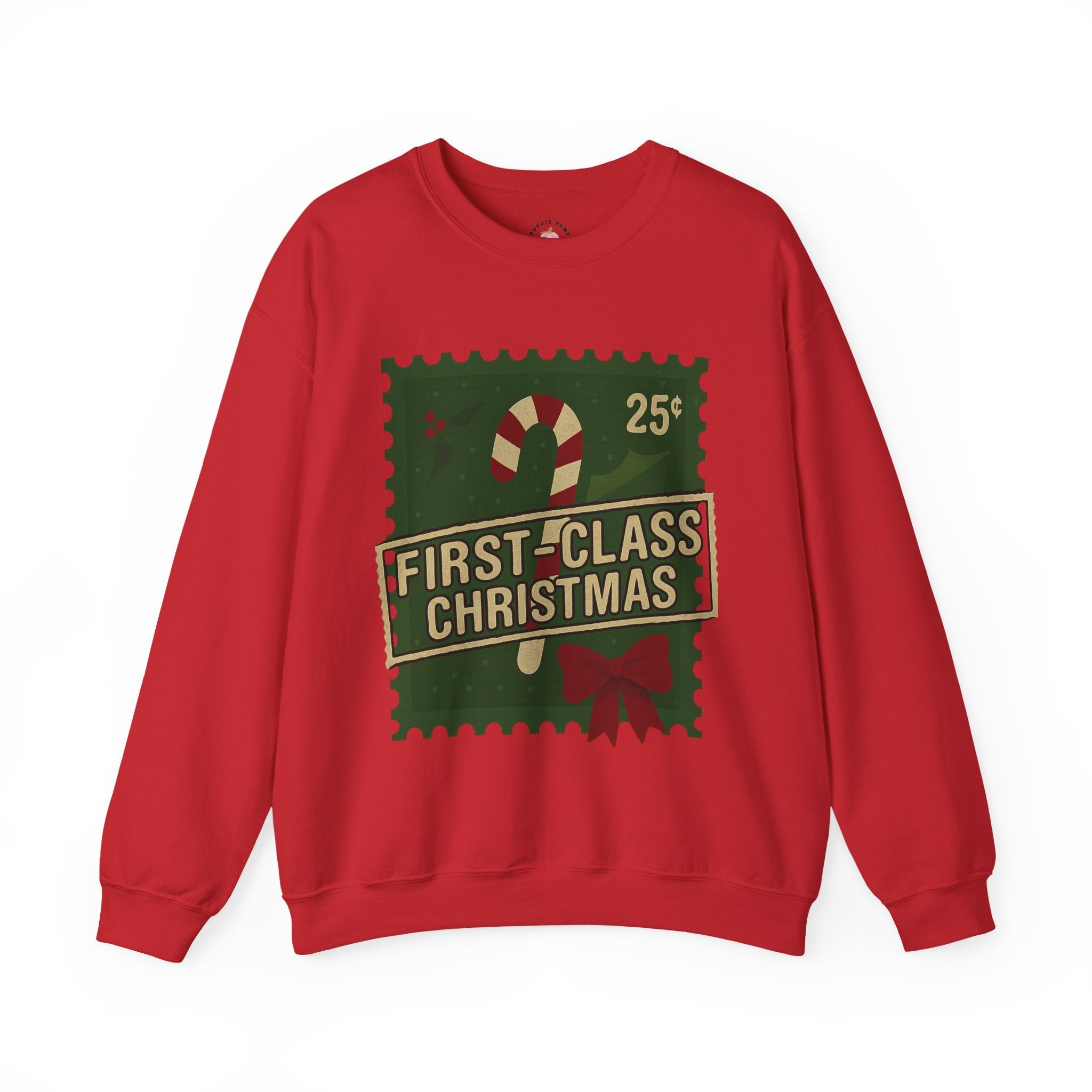 Christmas Crewneck Sweatshirt — "First-Class Christmas" Candy Cane Stamp Design
