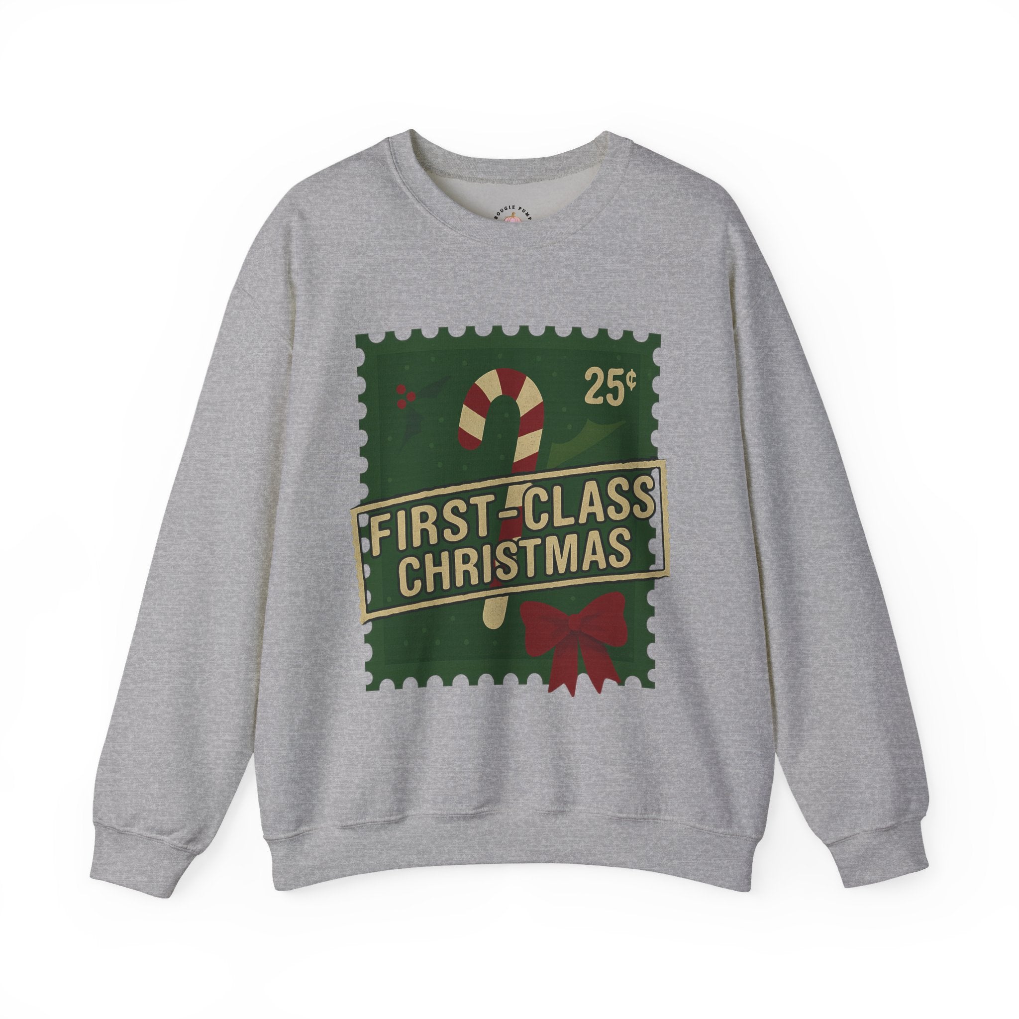 Christmas Crewneck Sweatshirt — "First-Class Christmas" Candy Cane Stamp Design