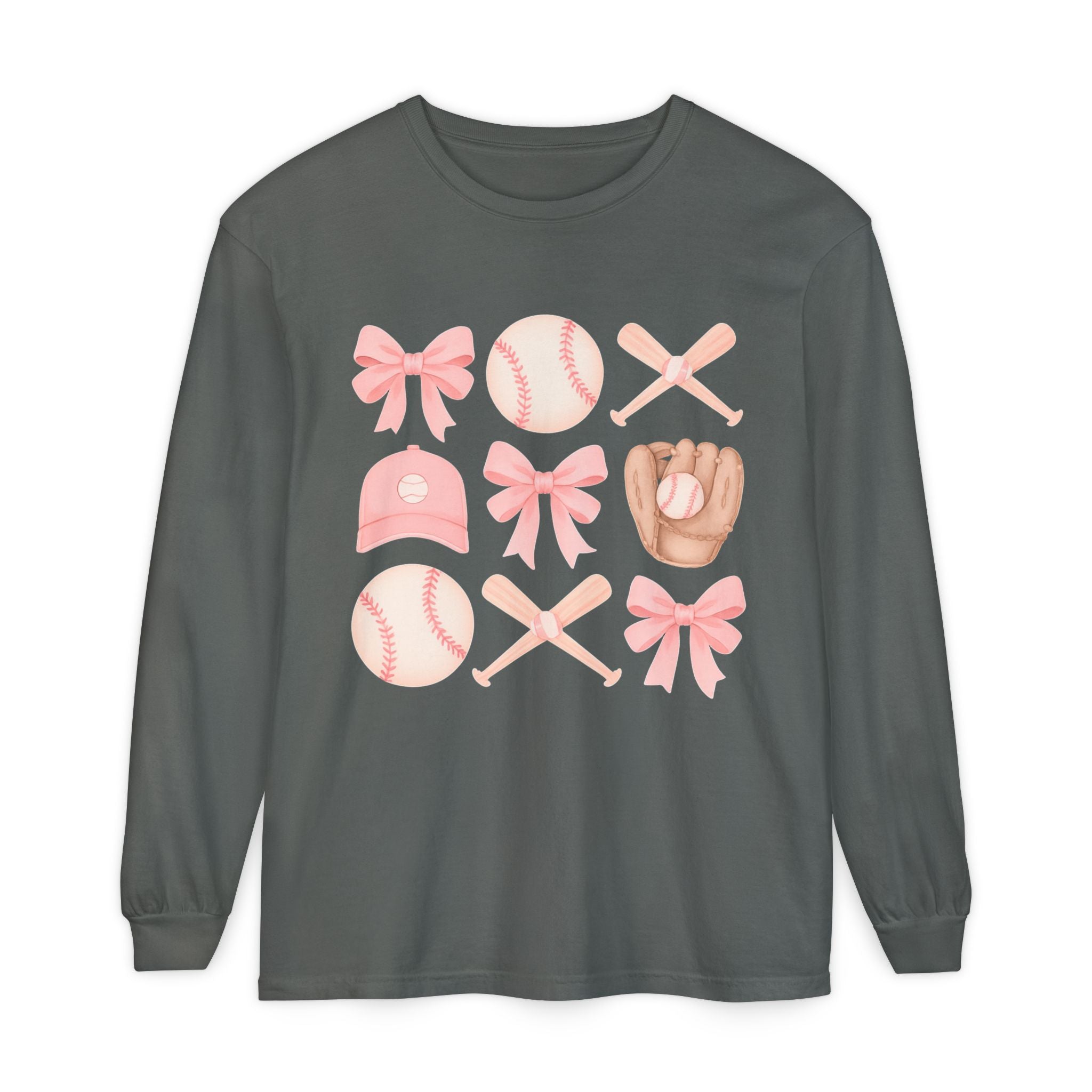 Pink Baseball Icons Long Sleeve Tee — Cute Softball Mom Fan Shirt