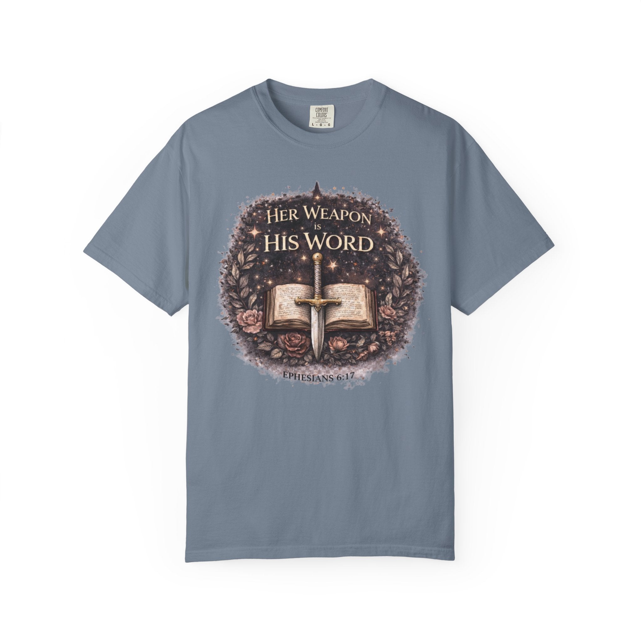 Christian Sword & Bible T-Shirt — "Her Weapon His Word" Inspirational Faith Tee