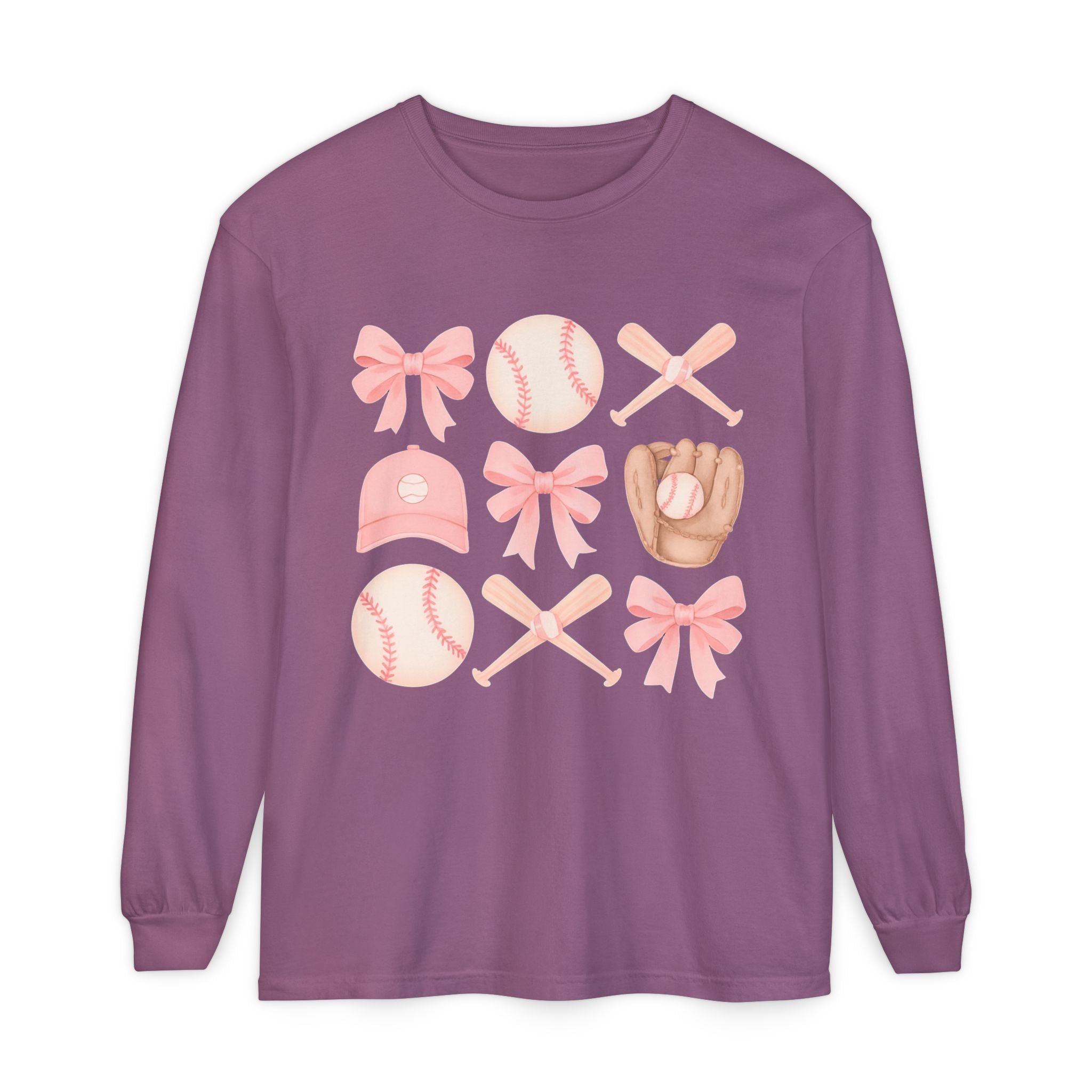 Pink Baseball Icons Long Sleeve Tee — Cute Softball Mom Fan Shirt