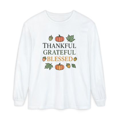 Thankful Grateful Blessed Long Sleeve T-Shirt | Autumn Fashion, Harvest Wear, Thanksgiving Gift, Fall Style, Cozy Apparel - The Bougie Pumpkin Boutique