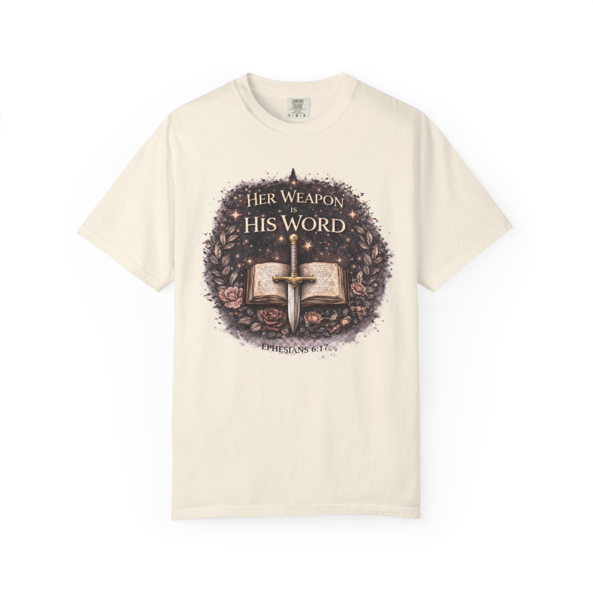 Christian Sword & Bible T-Shirt — "Her Weapon His Word" Inspirational Faith Tee