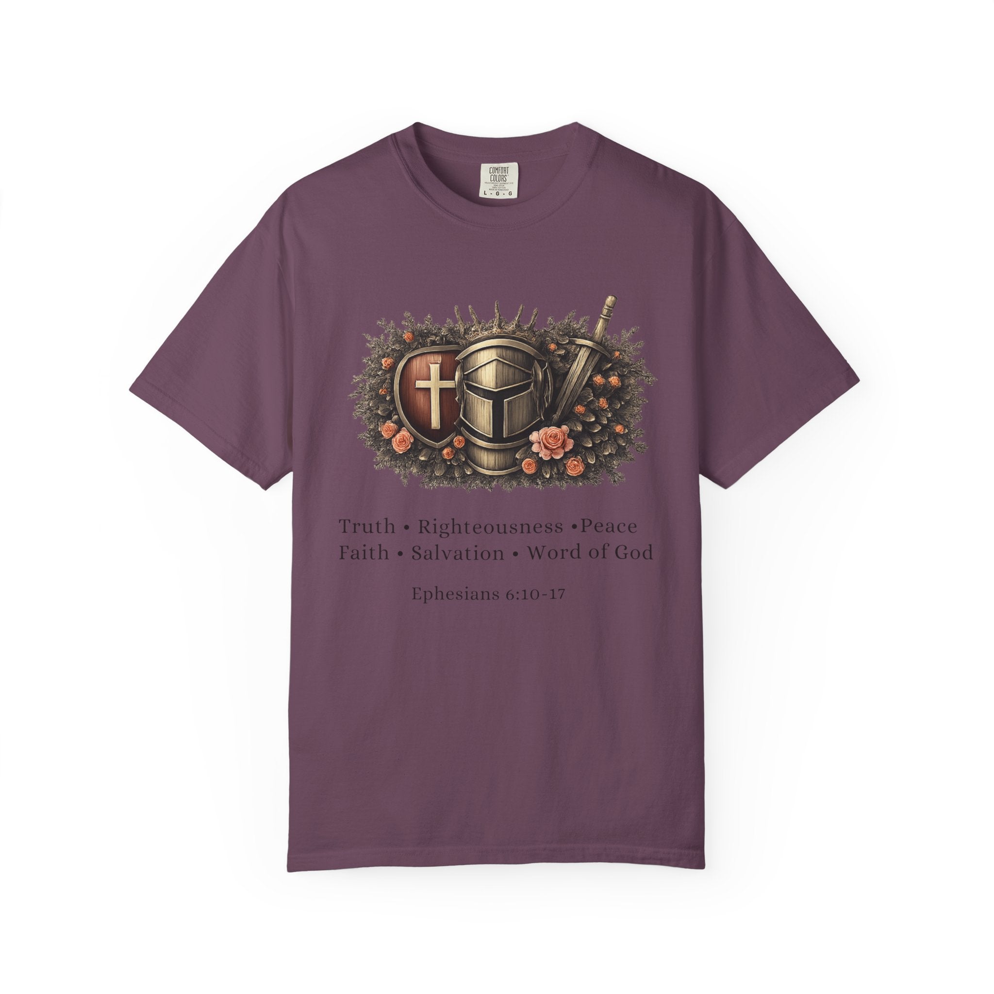 Purple t-shirt with religious design and text on a white background