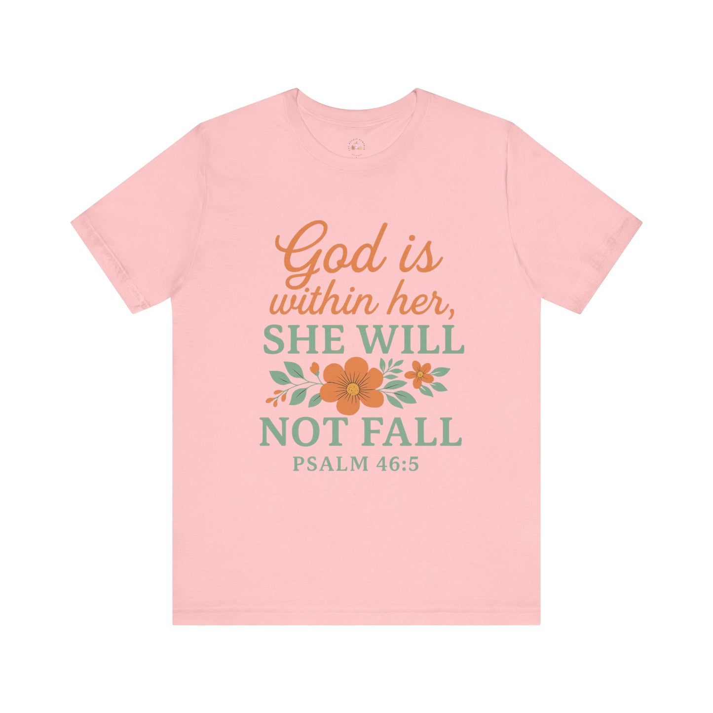 Pink t-shirt with motivational quote and floral design on a white background
