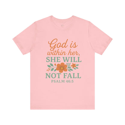 Pink t-shirt with motivational quote and floral design on a white background