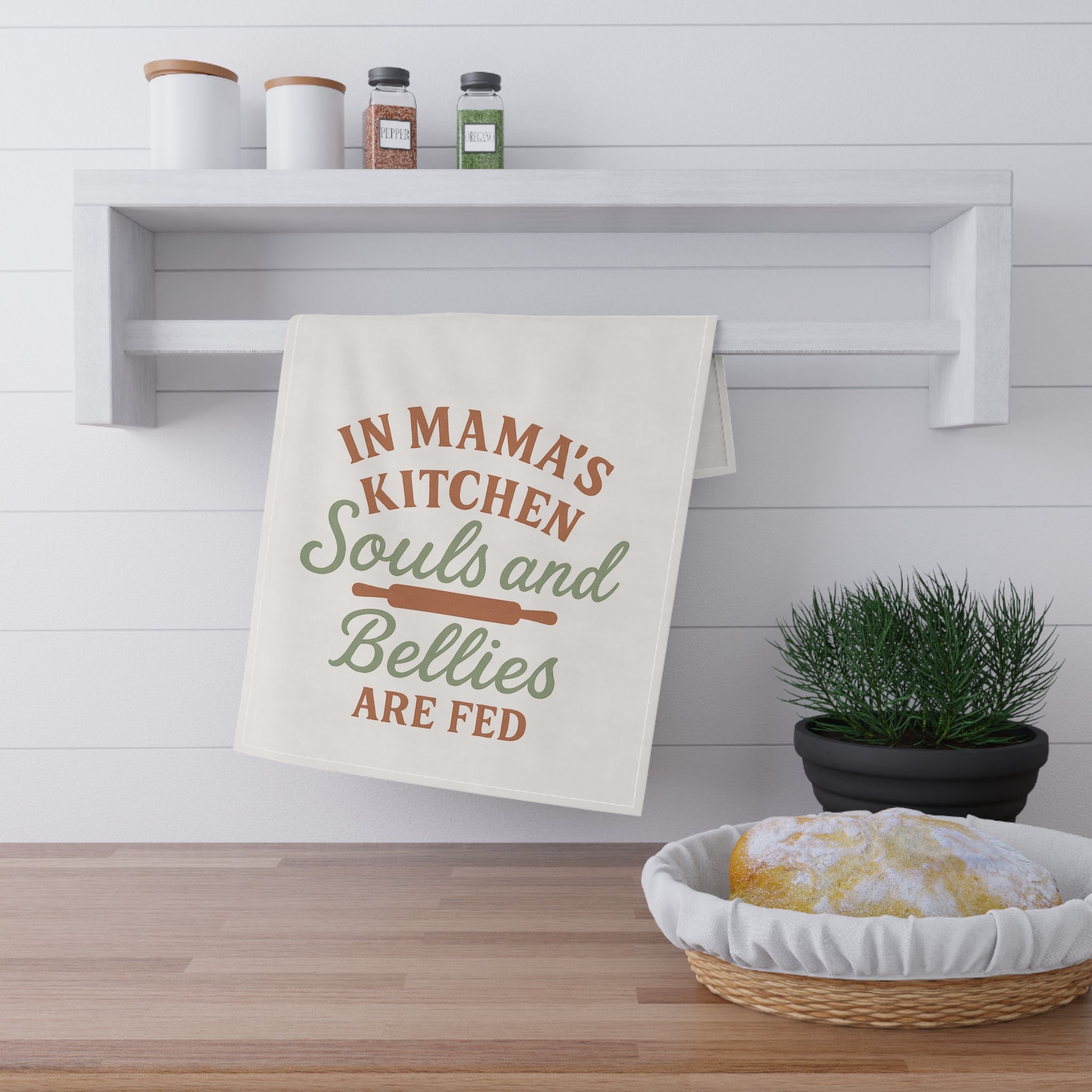 Mama’s Kitchen Tea Towel – “Souls and Bellies Are Fed” | Inspirational Southern Kitchen Decor – The Bougie Pumpkin Boutique
