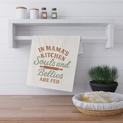 Mama’s Kitchen Tea Towel – “Souls and Bellies Are Fed” | Inspirational Southern Kitchen Decor – The Bougie Pumpkin Boutique - The Bougie Pumpkin Boutique