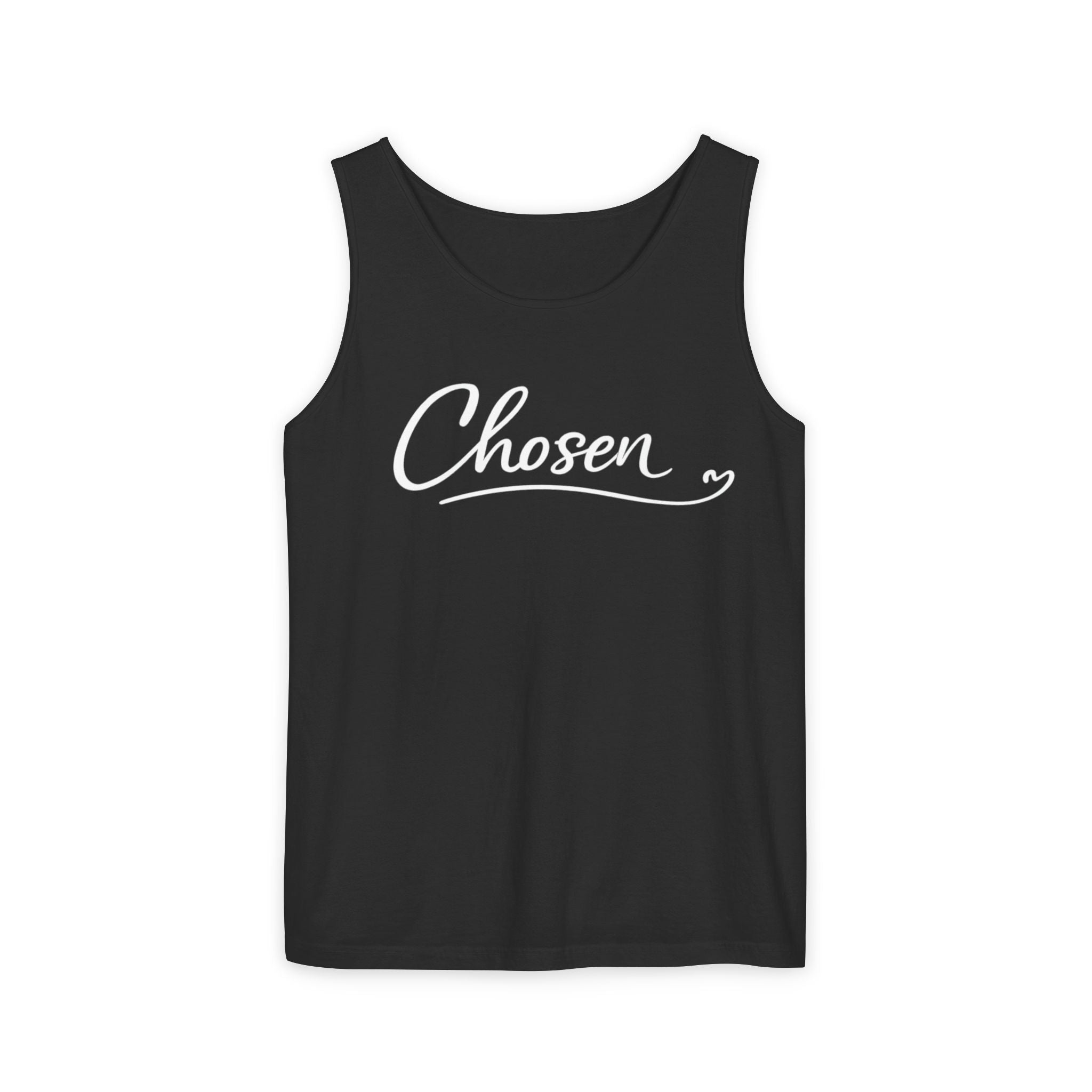 Chosen Script Tank Top — Minimalist White Garment-Dyed Casual Tank