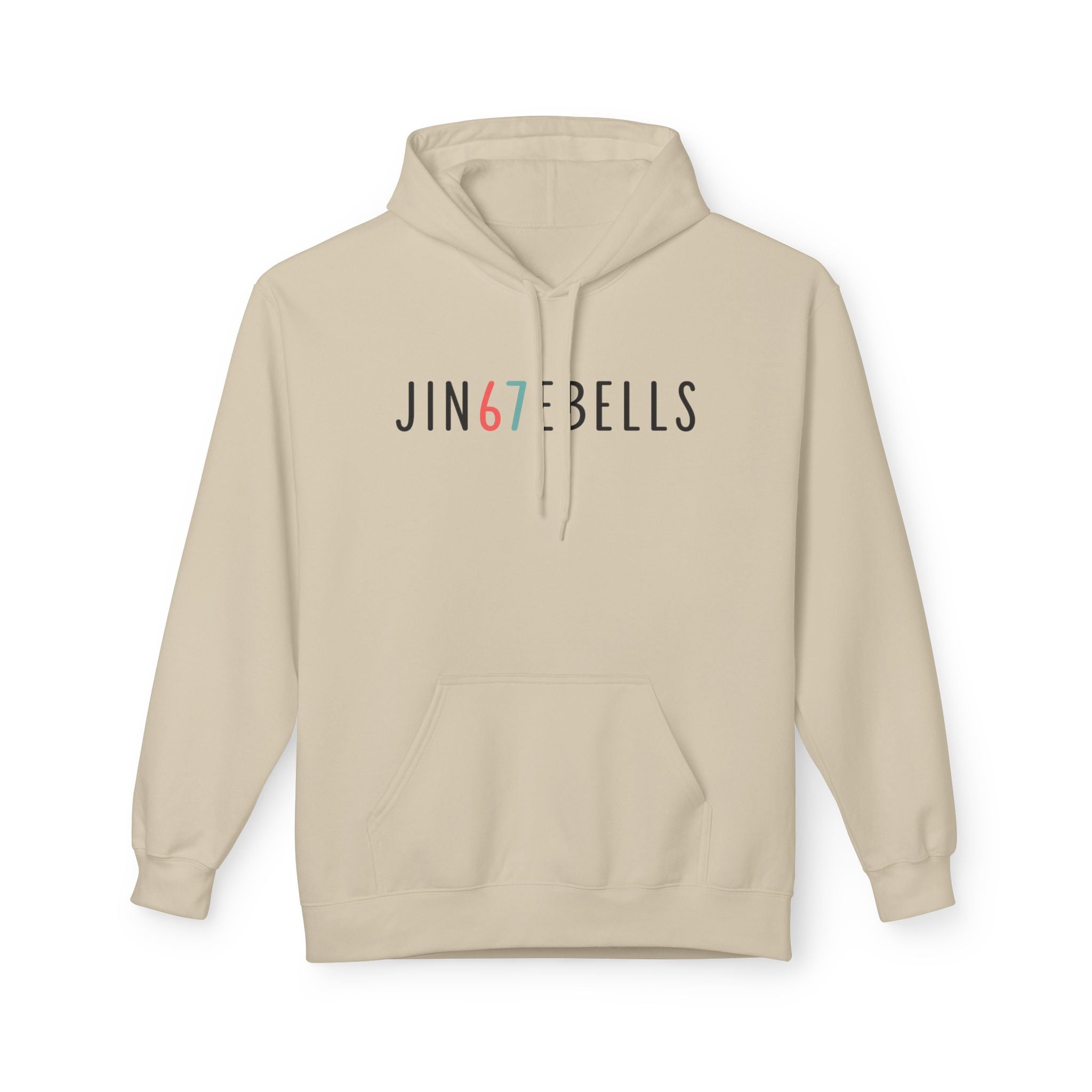Beige hoodie with 'JIN67BELLS' text on a white background