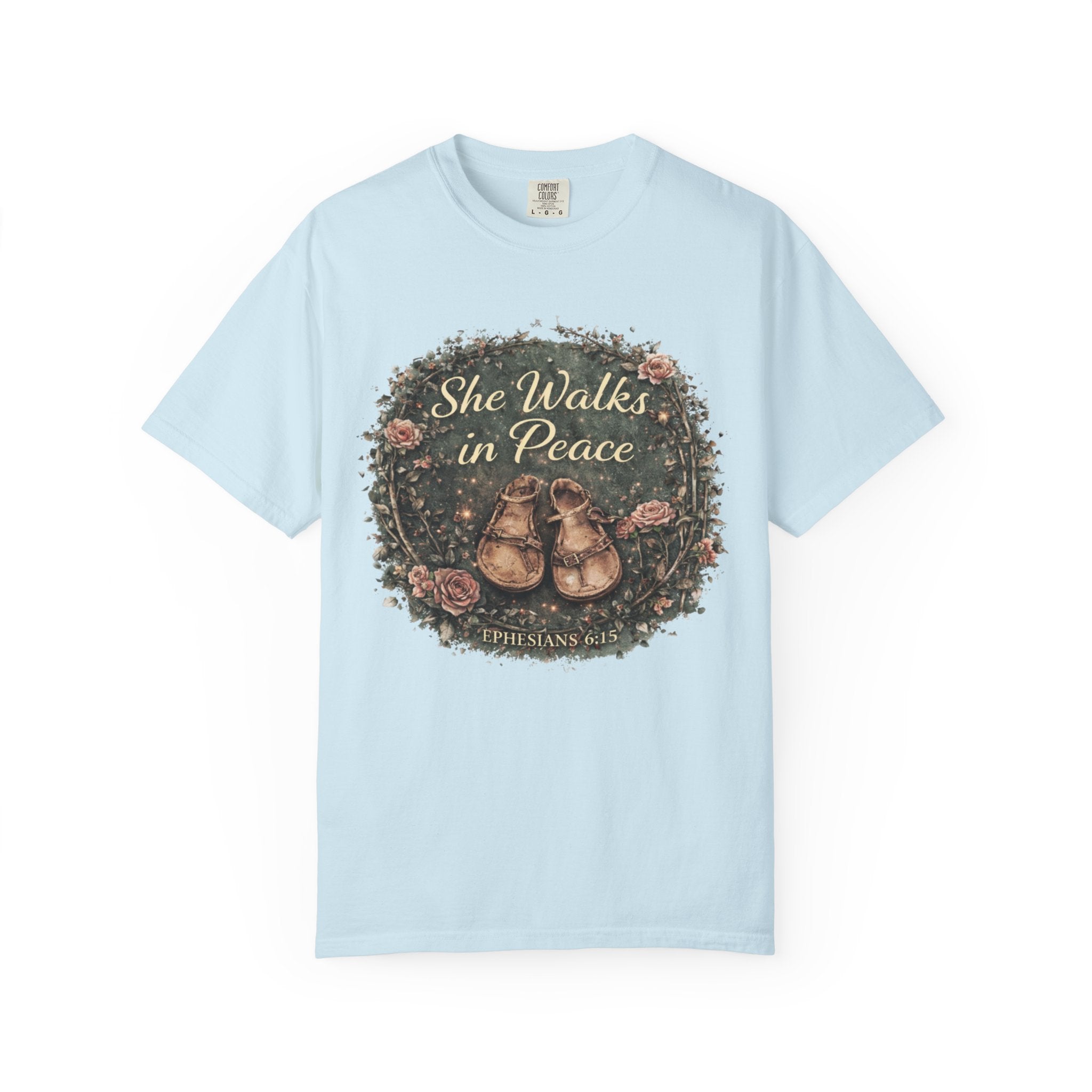 She Walks in Peace T-Shirt — Floral Baby Shoes Memorial Tee