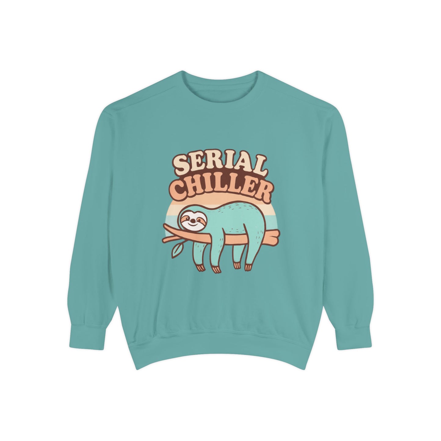 Teal sweatshirt with a sloth graphic and 'Serial Chiller' text on a white background