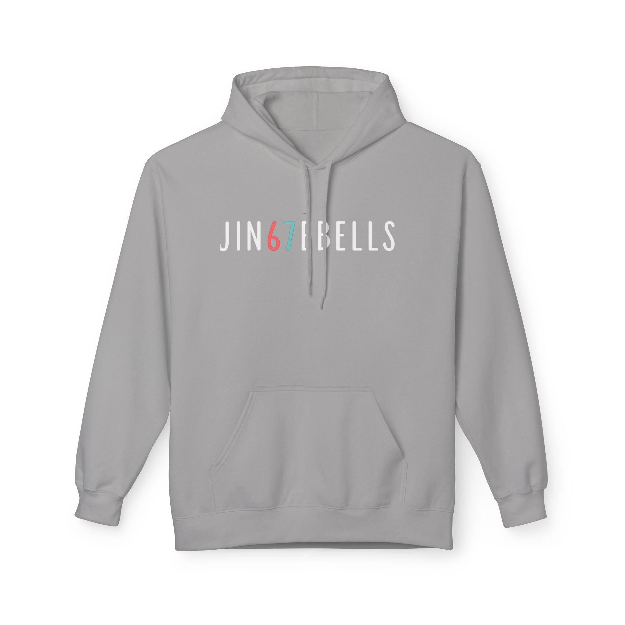 Gray hoodie with 'JIN67BELLS' text on a white background