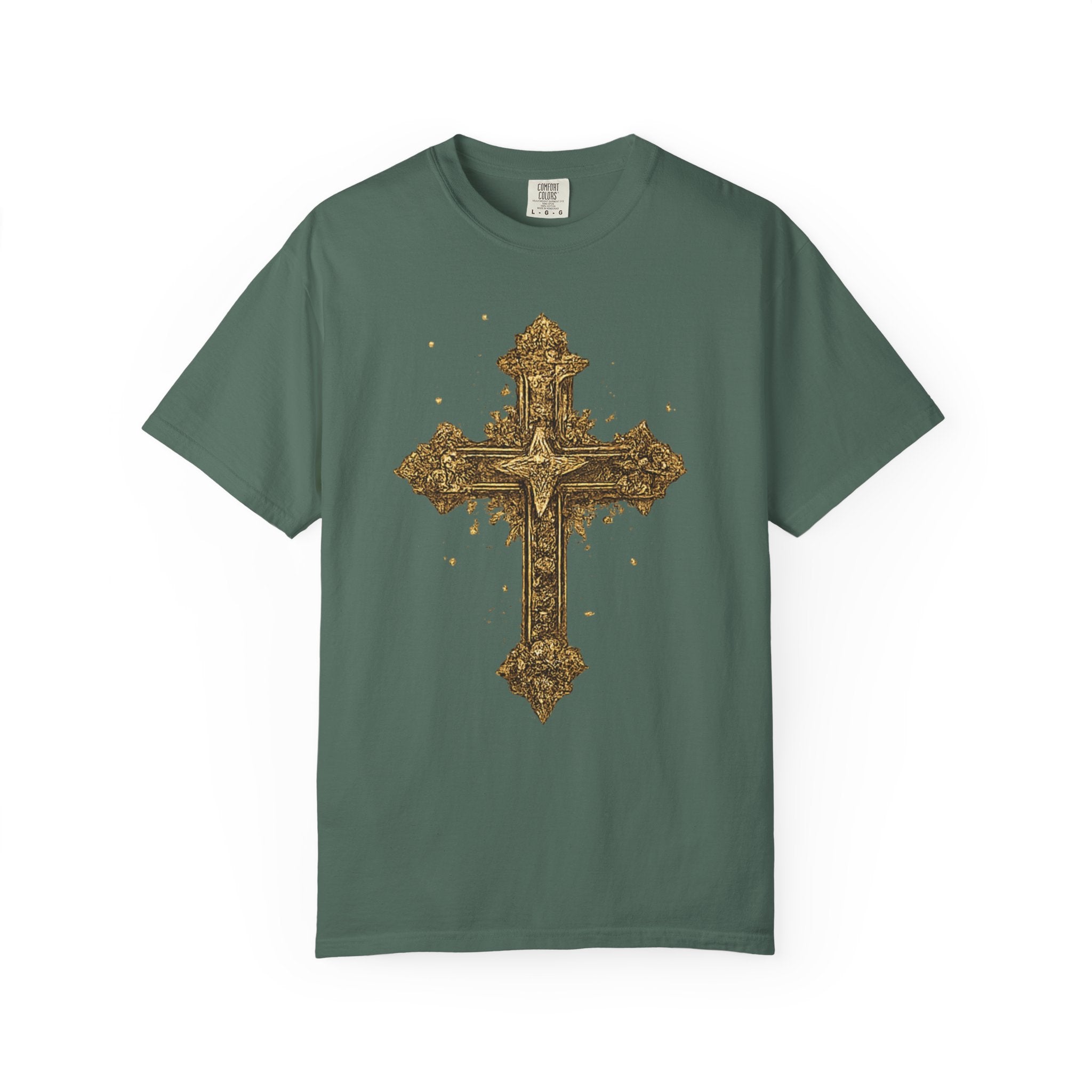 Green t-shirt with a gold cross design on a white background